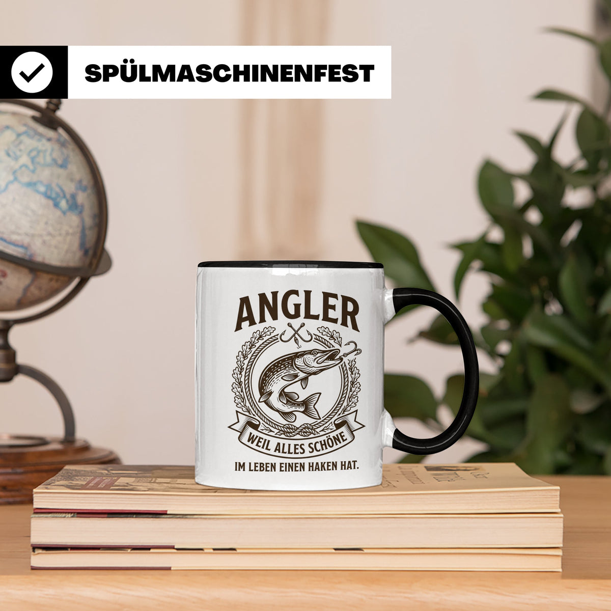 Angler Tasse mit Hecht Spruch Weil alles Schöne einen Haken  – Schwarz [farbe:schwarz]