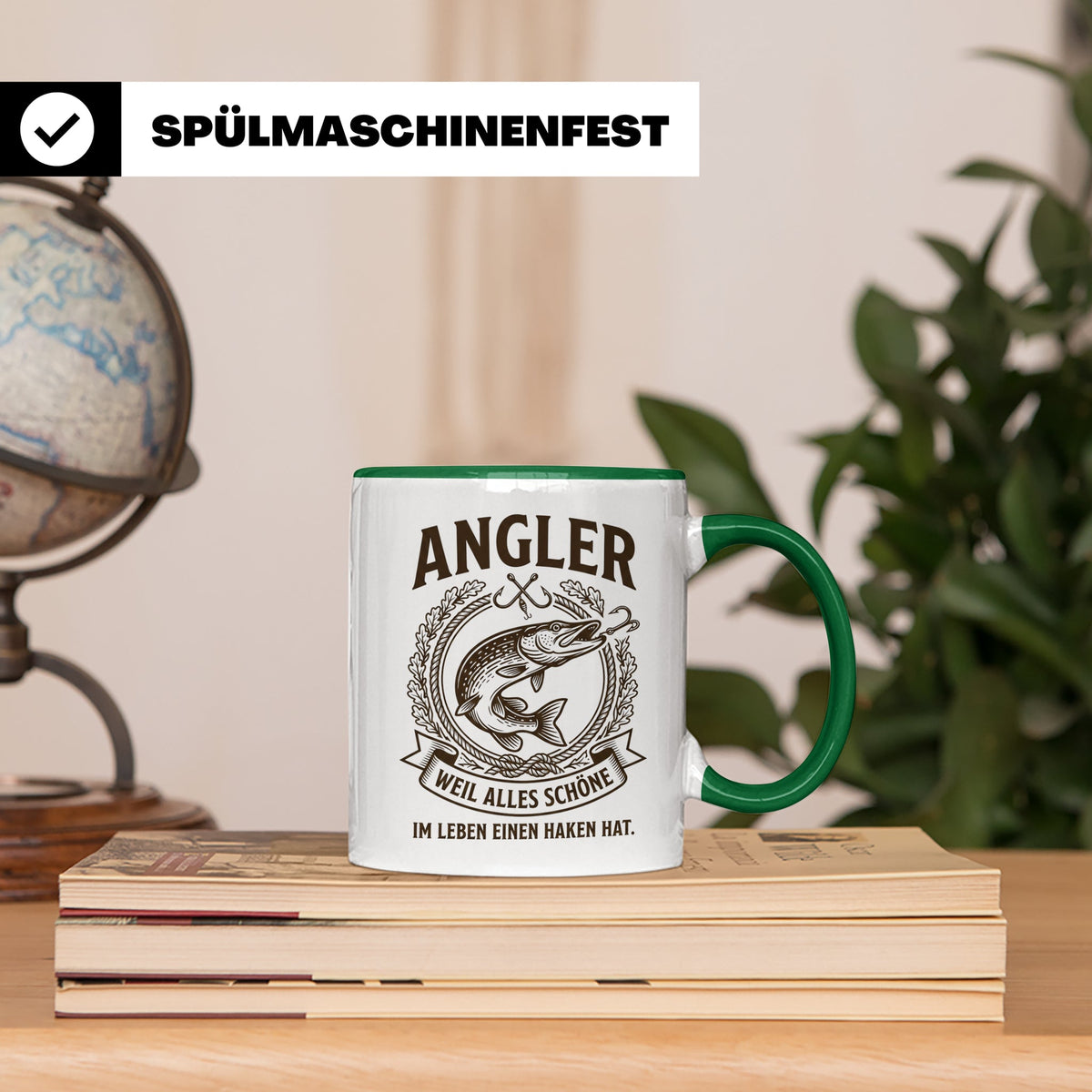 Angler Tasse mit Hecht Spruch Weil alles Schöne einen Haken  – Grün [farbe:grün]