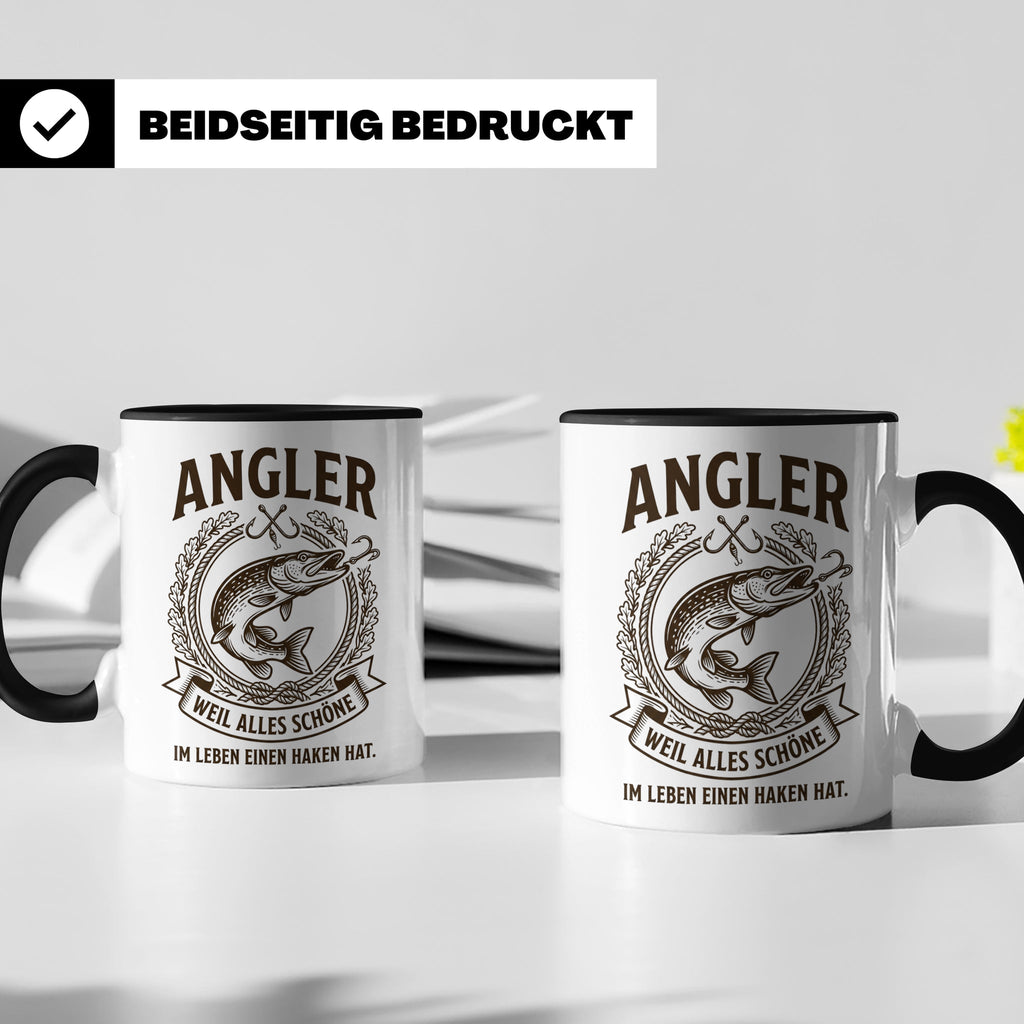 Angler Tasse mit Hecht Spruch Weil alles Schöne einen Haken  – Schwarz [farbe:schwarz]