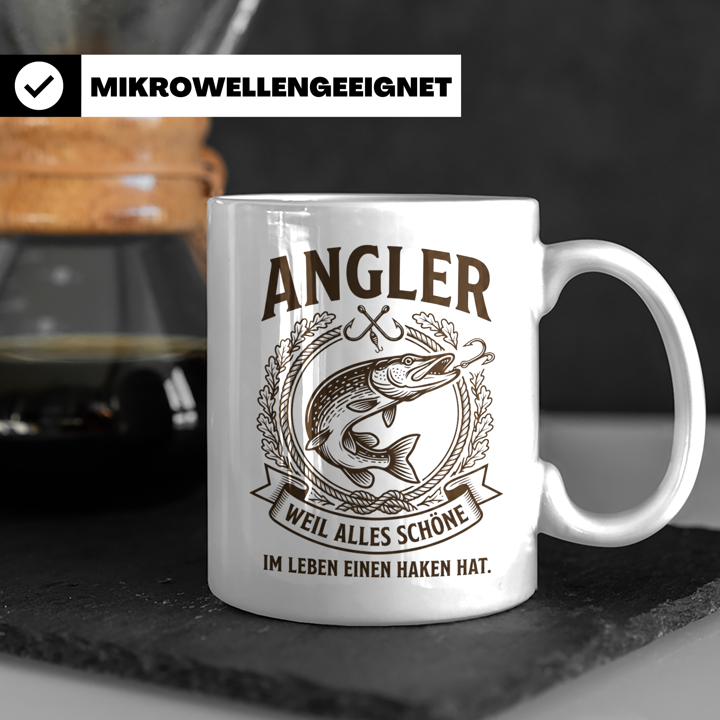 Angler Tasse mit Hecht Spruch Weil alles Schöne einen Haken  – Weiß [farbe:weiß]