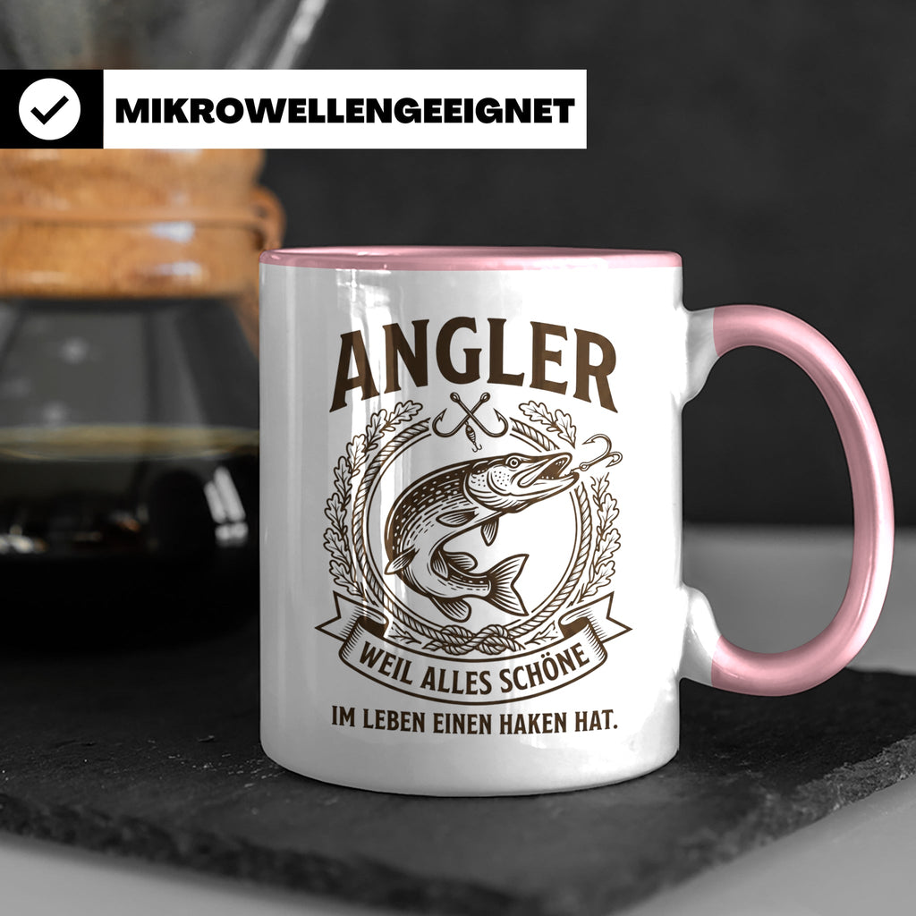 Angler Tasse mit Hecht Spruch Weil alles Schöne einen Haken  – Rosa [farbe:rosa]