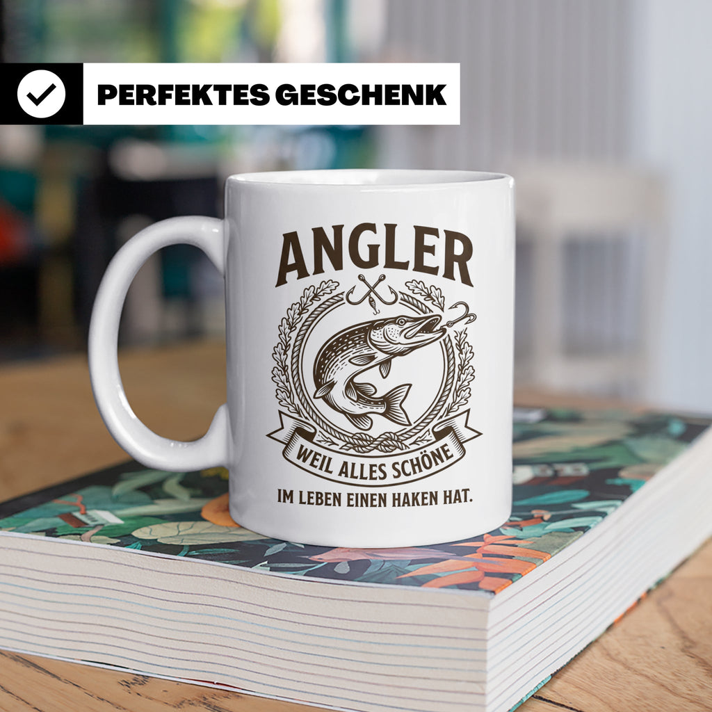 Angler Tasse mit Hecht Spruch Weil alles Schöne einen Haken  – Weiß [farbe:weiß]