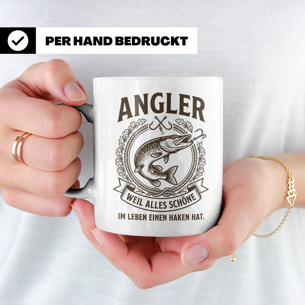 Angler Tasse mit Hecht Spruch Weil alles Schöne einen Haken  – Weiß [farbe:weiß]
