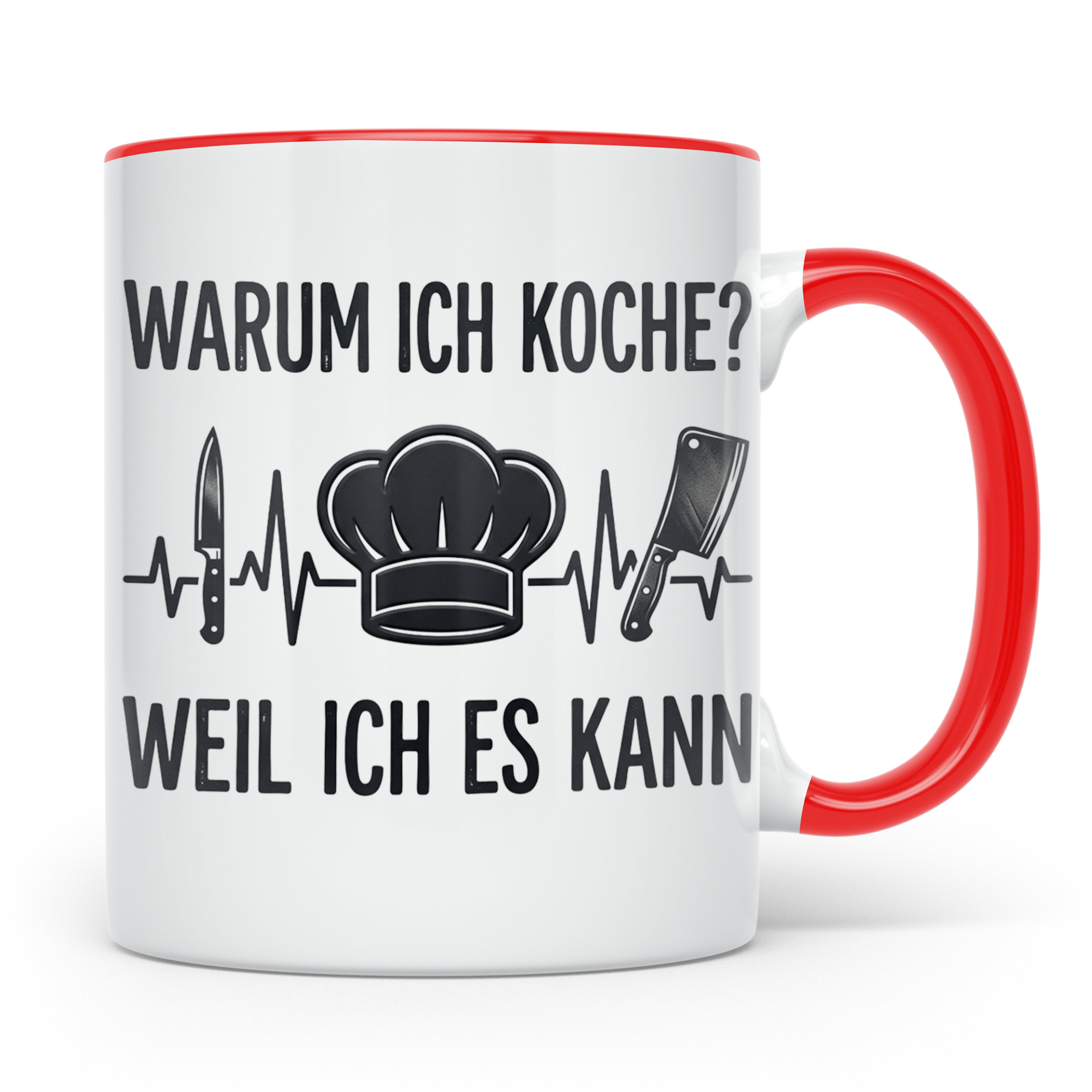 Koch Tasse mit Spruch 'Warum ich koche' | Kaffeebecher für K – Rot [farbe:rot]