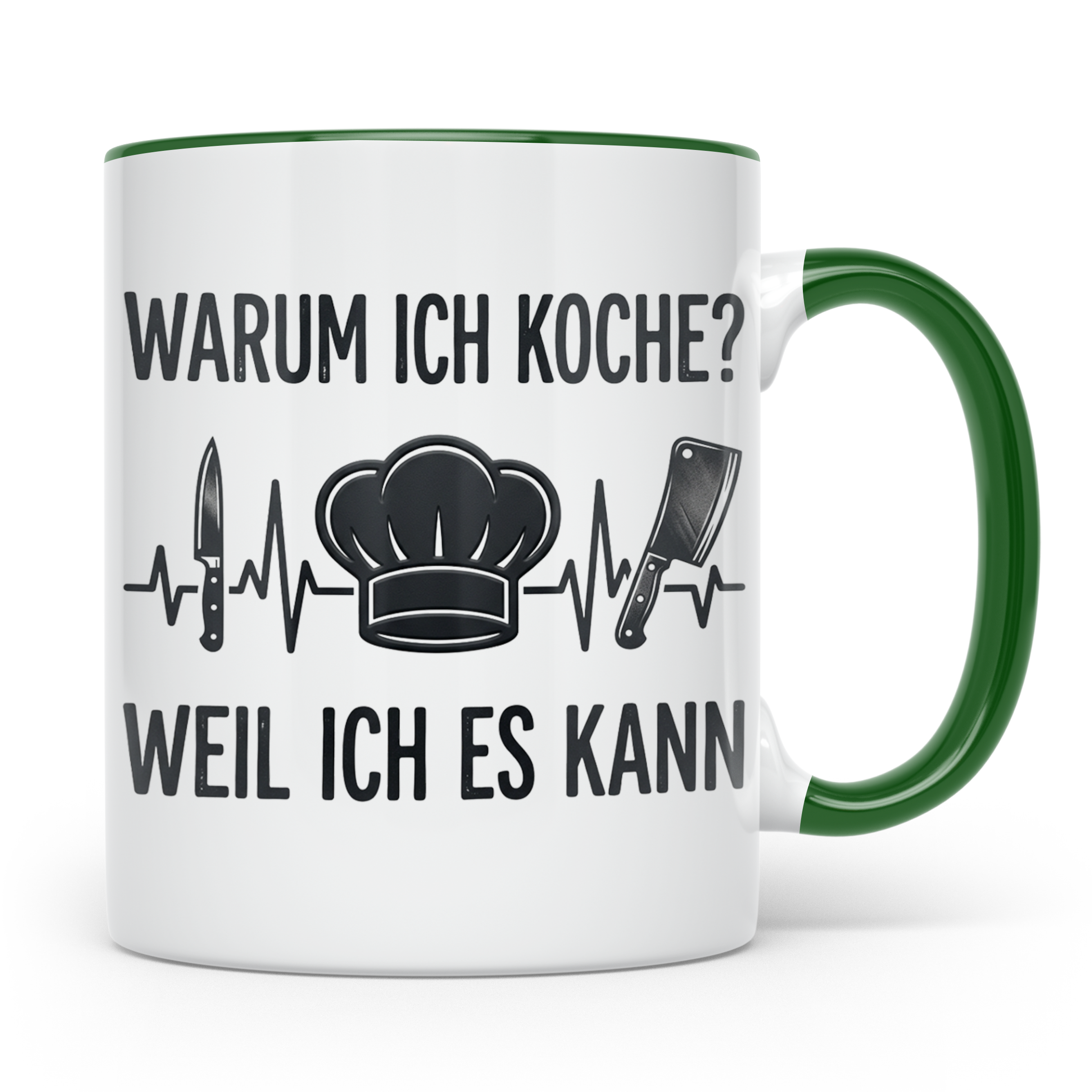 Koch Tasse mit Spruch 'Warum ich koche' | Kaffeebecher für K – Grün [farbe:grün]