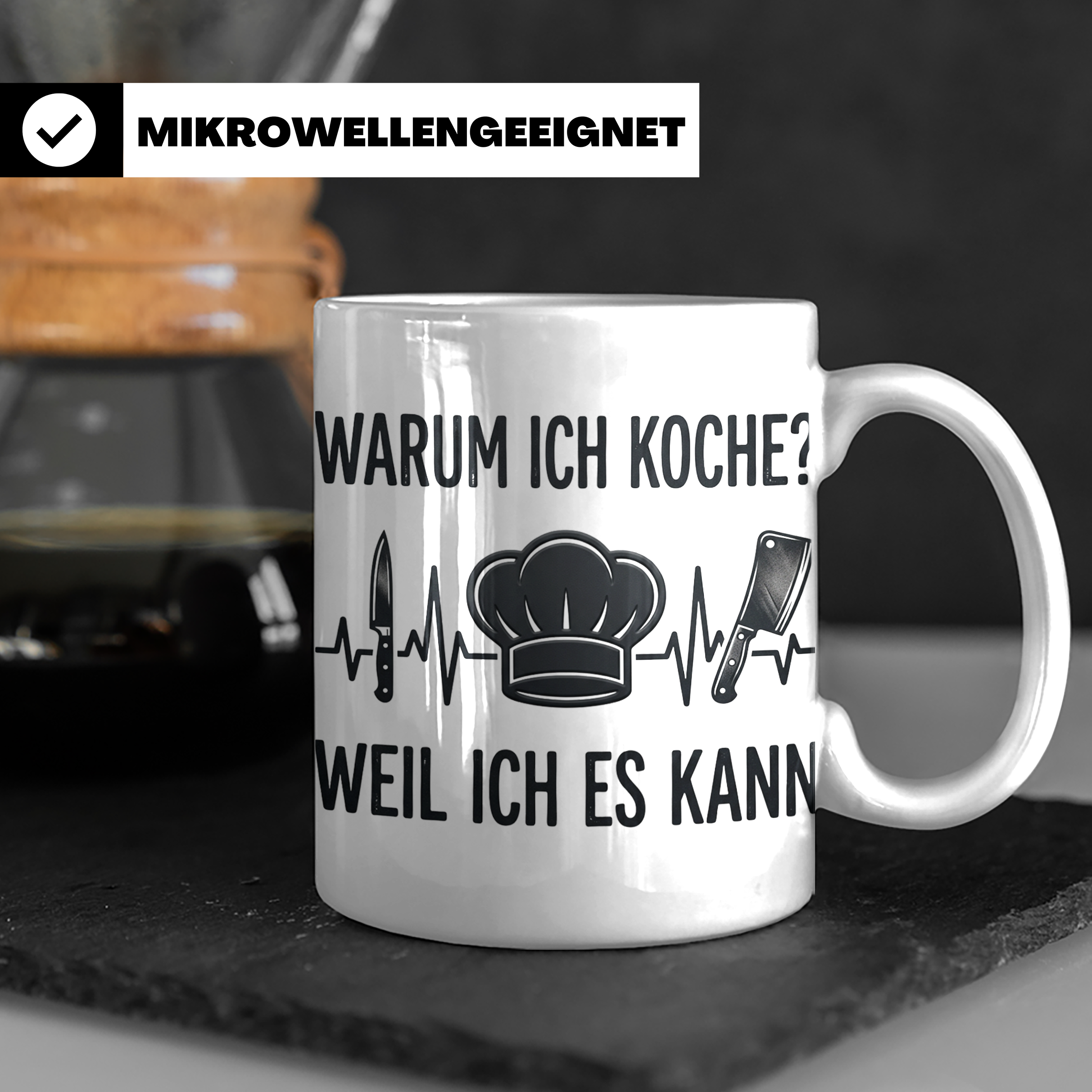 Koch Tasse mit Spruch 'Warum ich koche' | Kaffeebecher für K – Weiß [farbe:weiß]