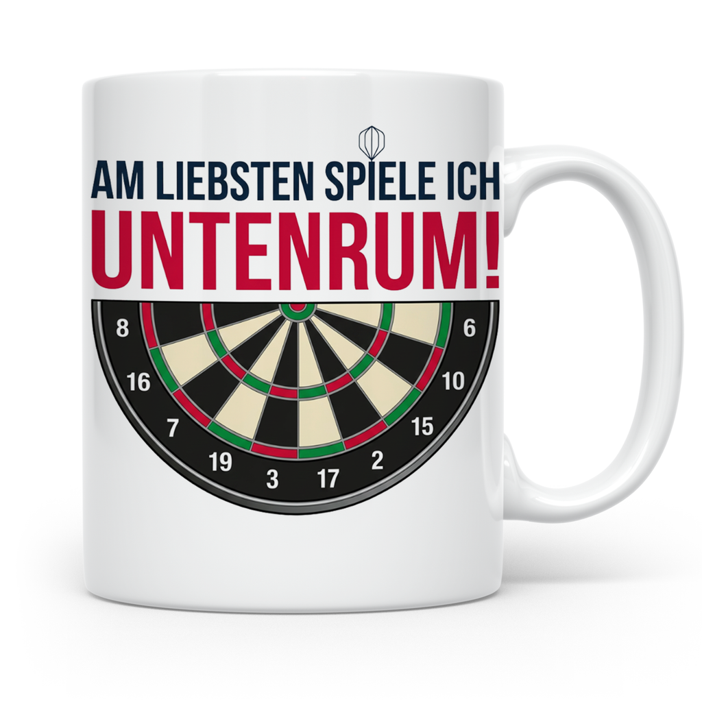 Dart Tasse mit Spruch Untenrum Spielen, lustiges Darts Zubeh – Weiß [farbe:weiß]
