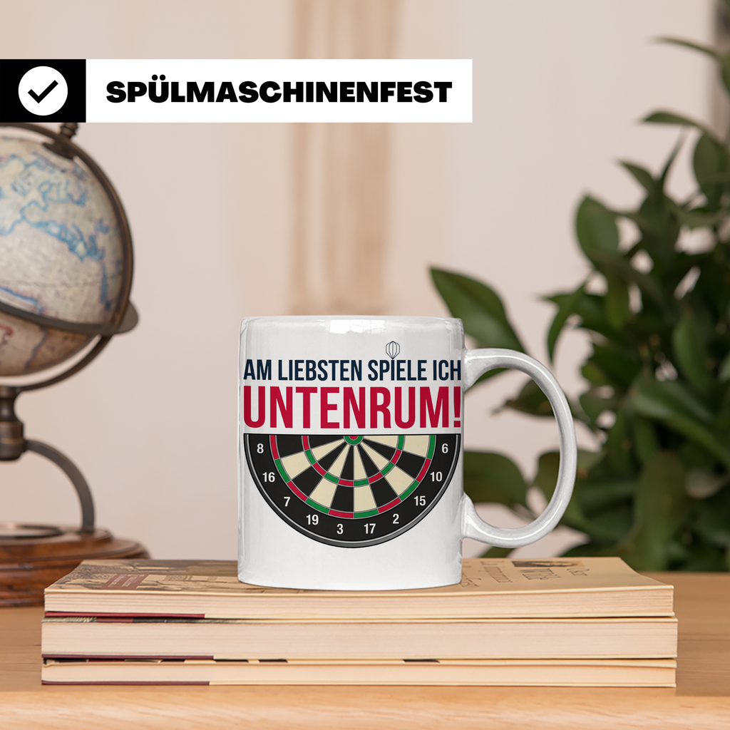 Dart Tasse mit Spruch Untenrum Spielen, lustiges Darts Zubeh – Weiß [farbe:weiß]