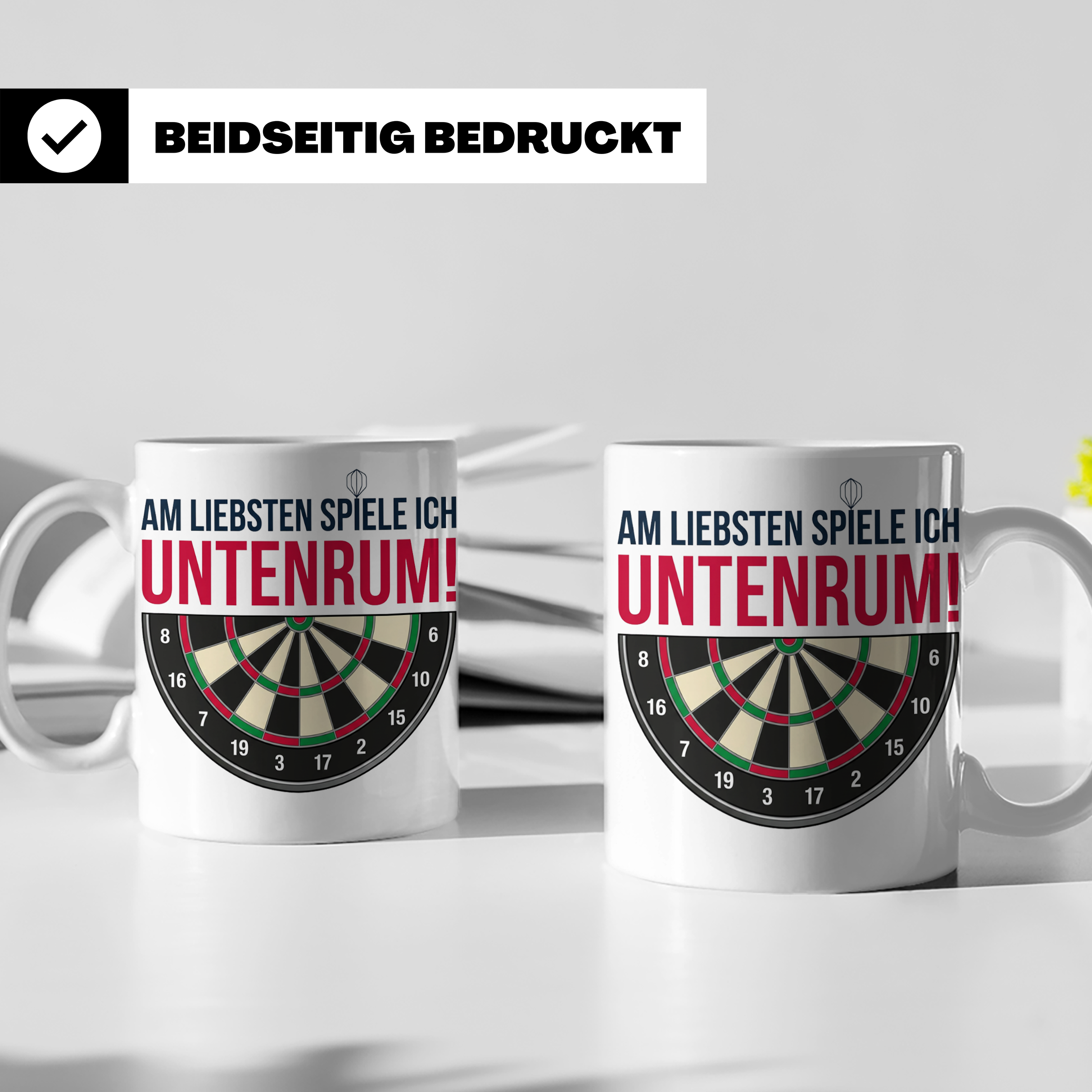 Dart Tasse mit Spruch Untenrum Spielen, lustiges Darts Zubeh – Weiß [farbe:weiß]