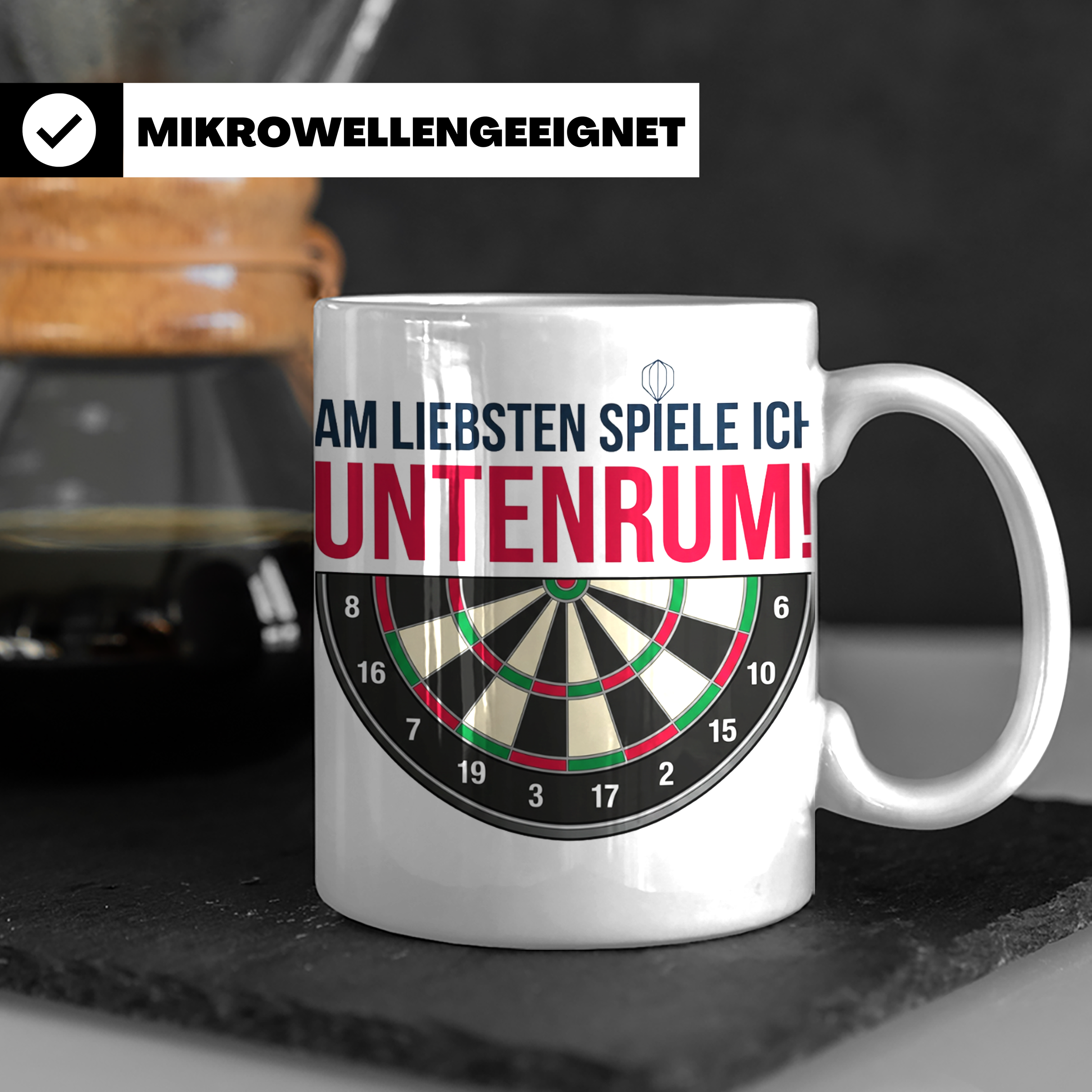 Dart Tasse mit Spruch Untenrum Spielen, lustiges Darts Zubeh – Weiß [farbe:weiß]