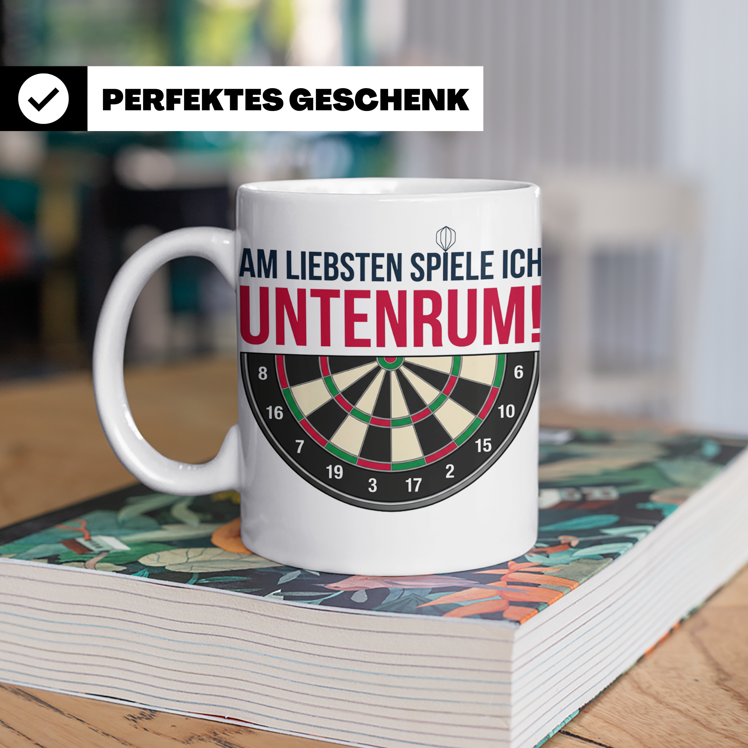 Dart Tasse mit Spruch Untenrum Spielen, lustiges Darts Zubeh – Weiß [farbe:weiß]