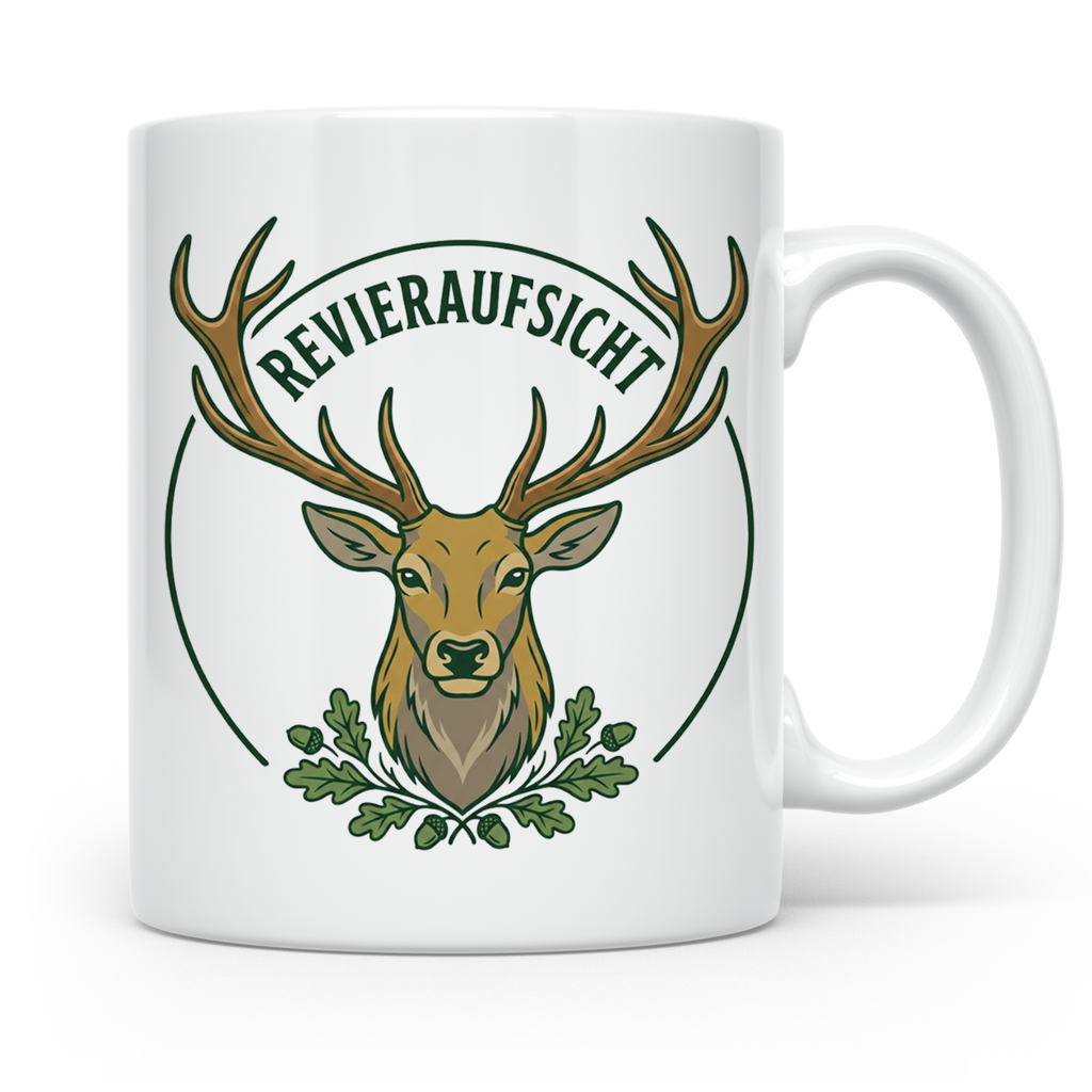 Revieraufsicht Tasse mit Hirsch als Geschenk für Jäger, Jagd – Weiß [farbe:weiß]
