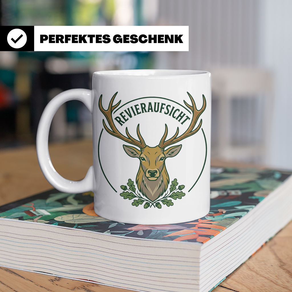 Revieraufsicht Tasse mit Hirsch als Geschenk für Jäger, Jagd – Weiß [farbe:weiß]