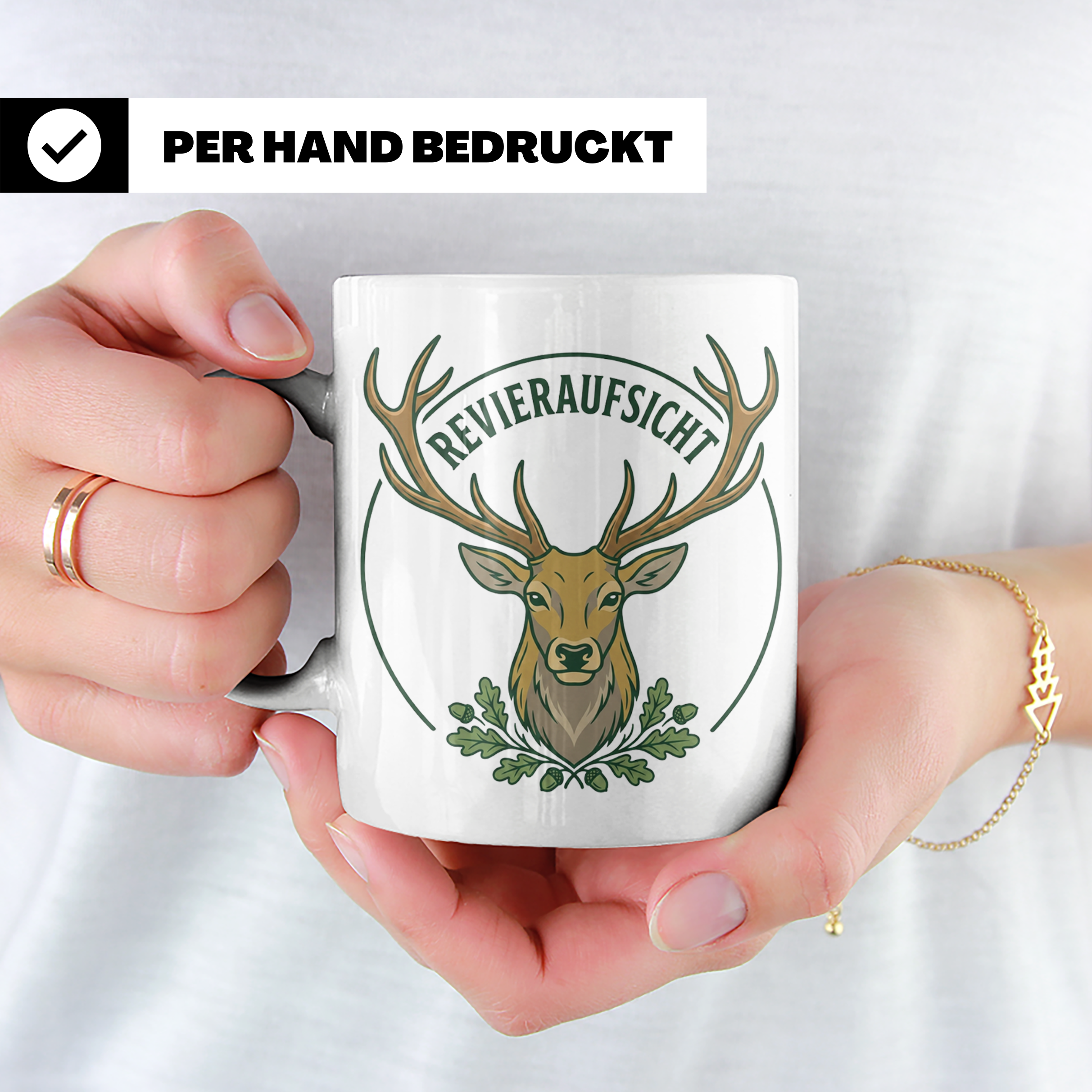 Revieraufsicht Tasse mit Hirsch als Geschenk für Jäger, Jagd – Weiß [farbe:weiß]