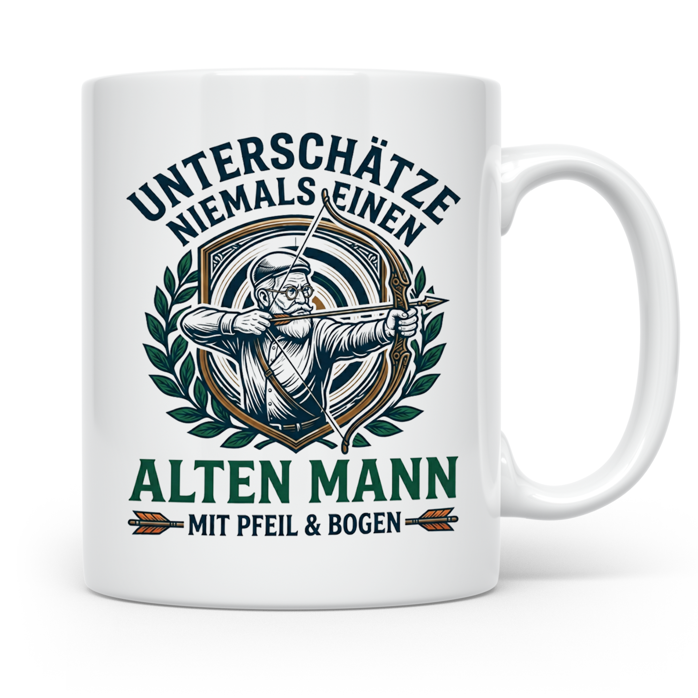 Bogenschütze Tasse Alter Mann mit Pfeil und Bogen Spruch | G – Weiß [farbe:weiß]