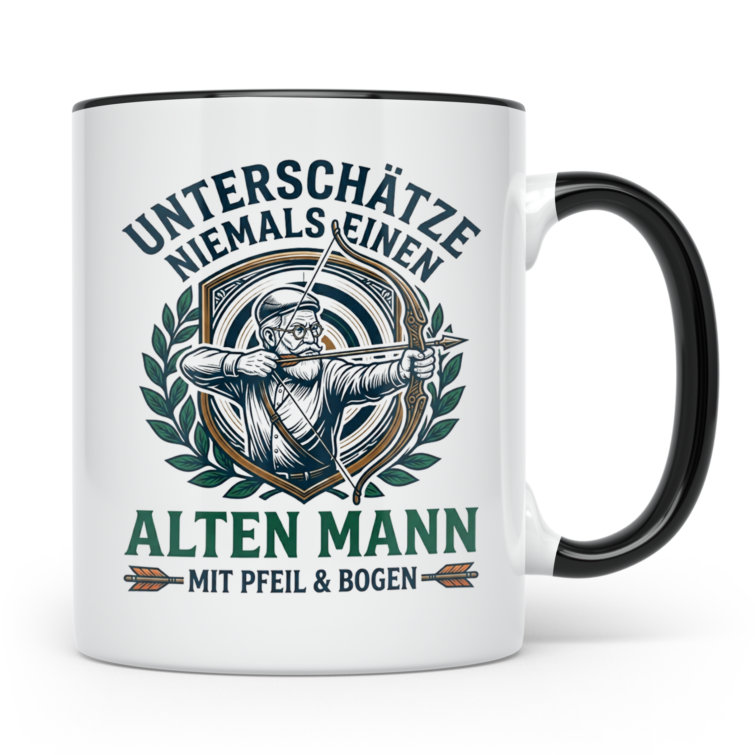 Bogenschütze Tasse Alter Mann mit Pfeil und Bogen Spruch | G – Schwarz [farbe:schwarz]