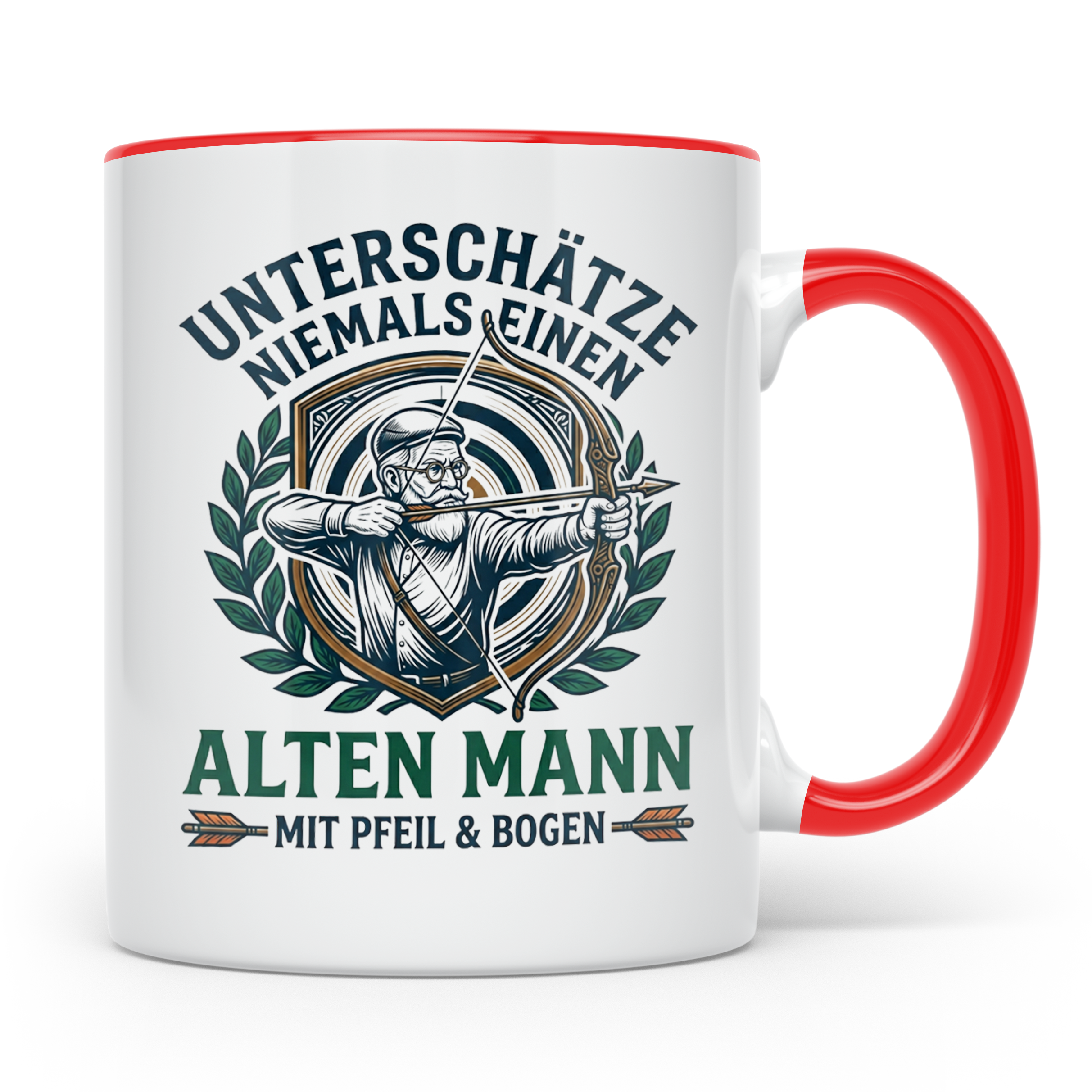 Bogenschütze Tasse Alter Mann mit Pfeil und Bogen Spruch | G – Rot [farbe:rot]