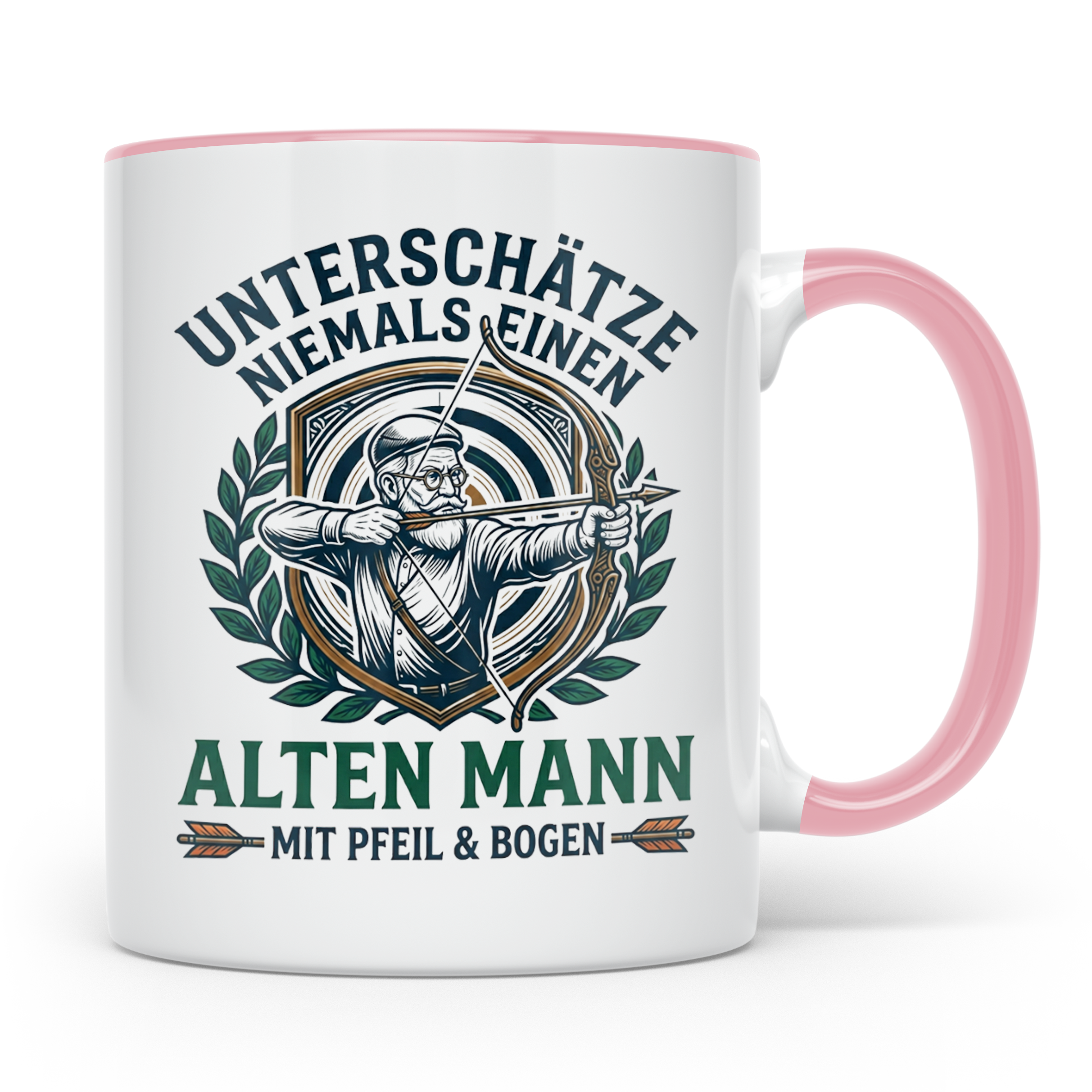 Bogenschütze Tasse Alter Mann mit Pfeil und Bogen Spruch | G – Rosa [farbe:rosa]