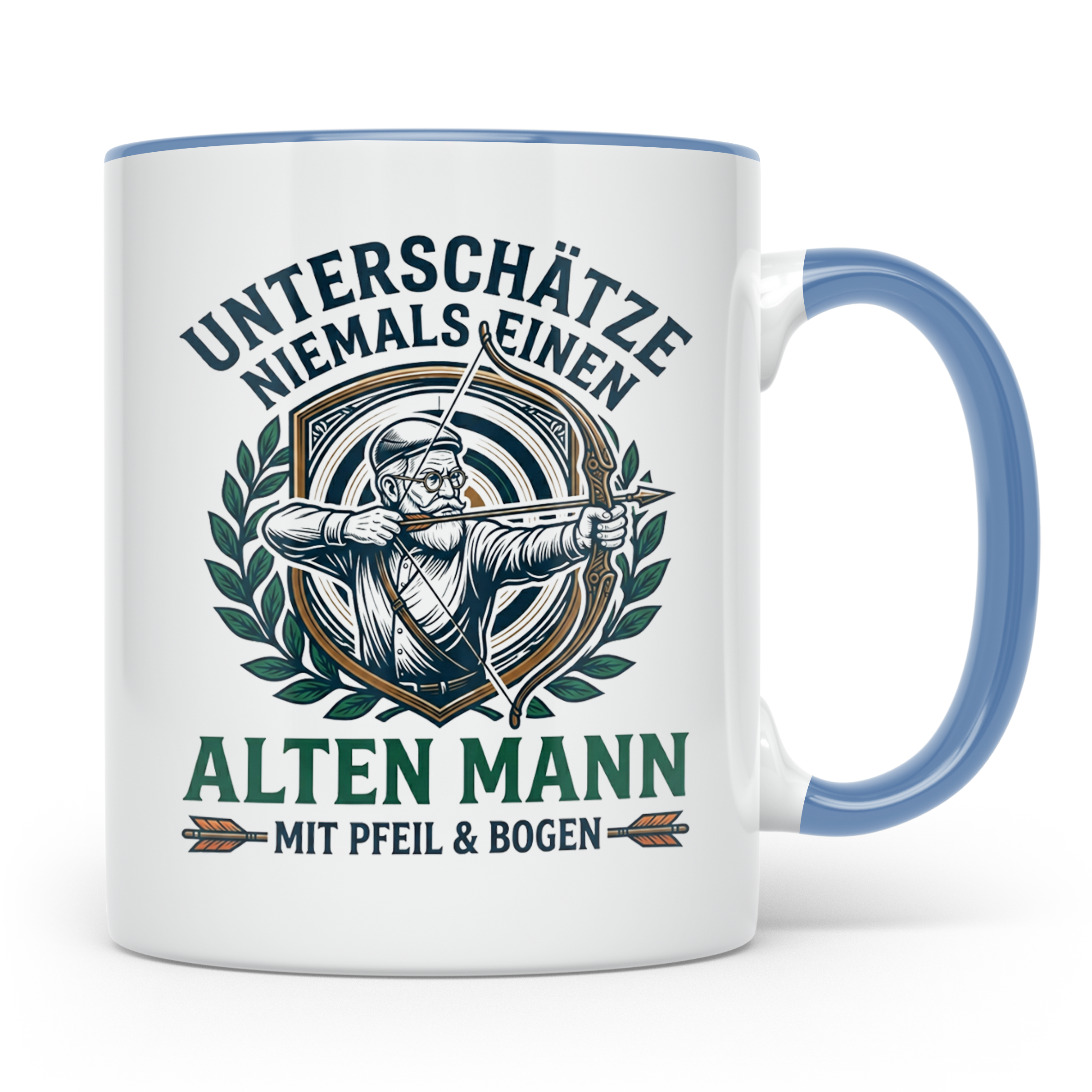 Bogenschütze Tasse Alter Mann mit Pfeil und Bogen Spruch | G – Blau [farbe:blau]