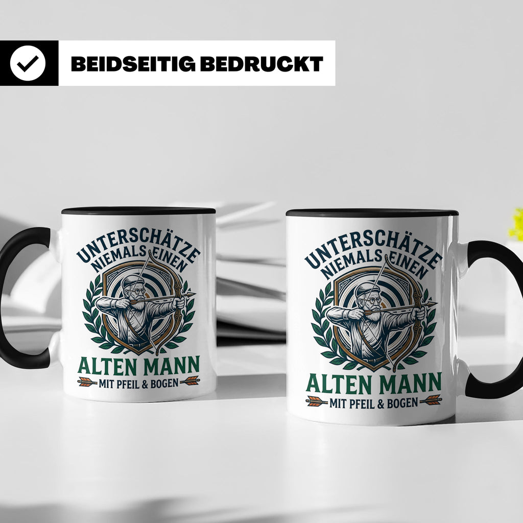 Bogenschütze Tasse Alter Mann mit Pfeil und Bogen Spruch | G – Schwarz [farbe:schwarz]