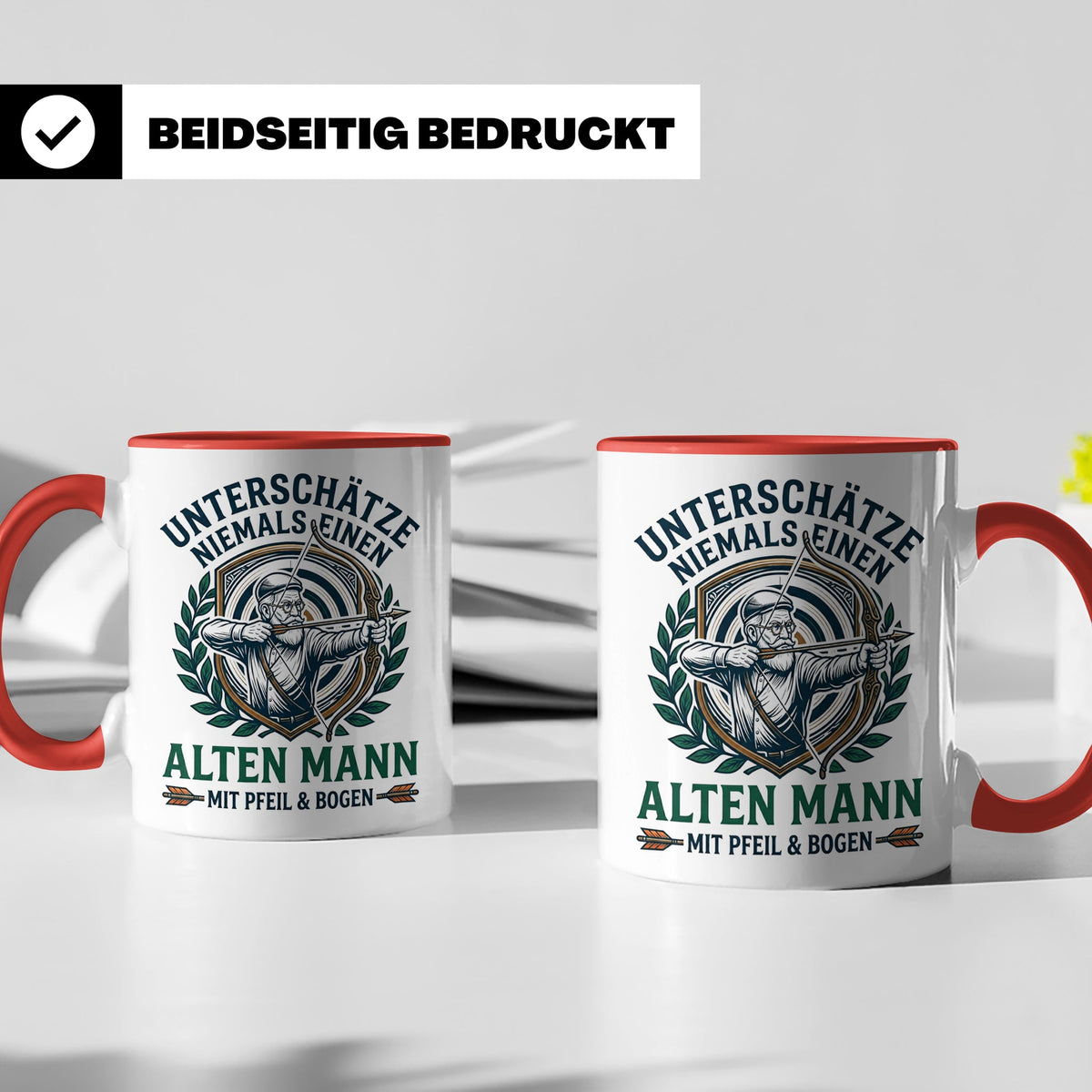 Bogenschütze Tasse Alter Mann mit Pfeil und Bogen Spruch | G – Rot [farbe:rot]