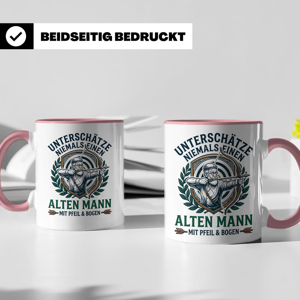 Bogenschütze Tasse Alter Mann mit Pfeil und Bogen Spruch | G – Rosa [farbe:rosa]