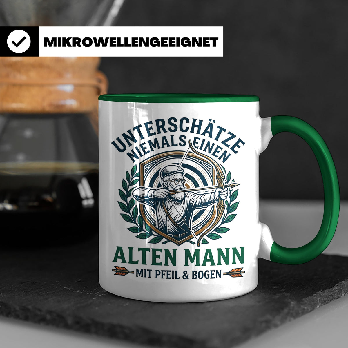 Bogenschütze Tasse Alter Mann mit Pfeil und Bogen Spruch | G – Grün [farbe:grün]