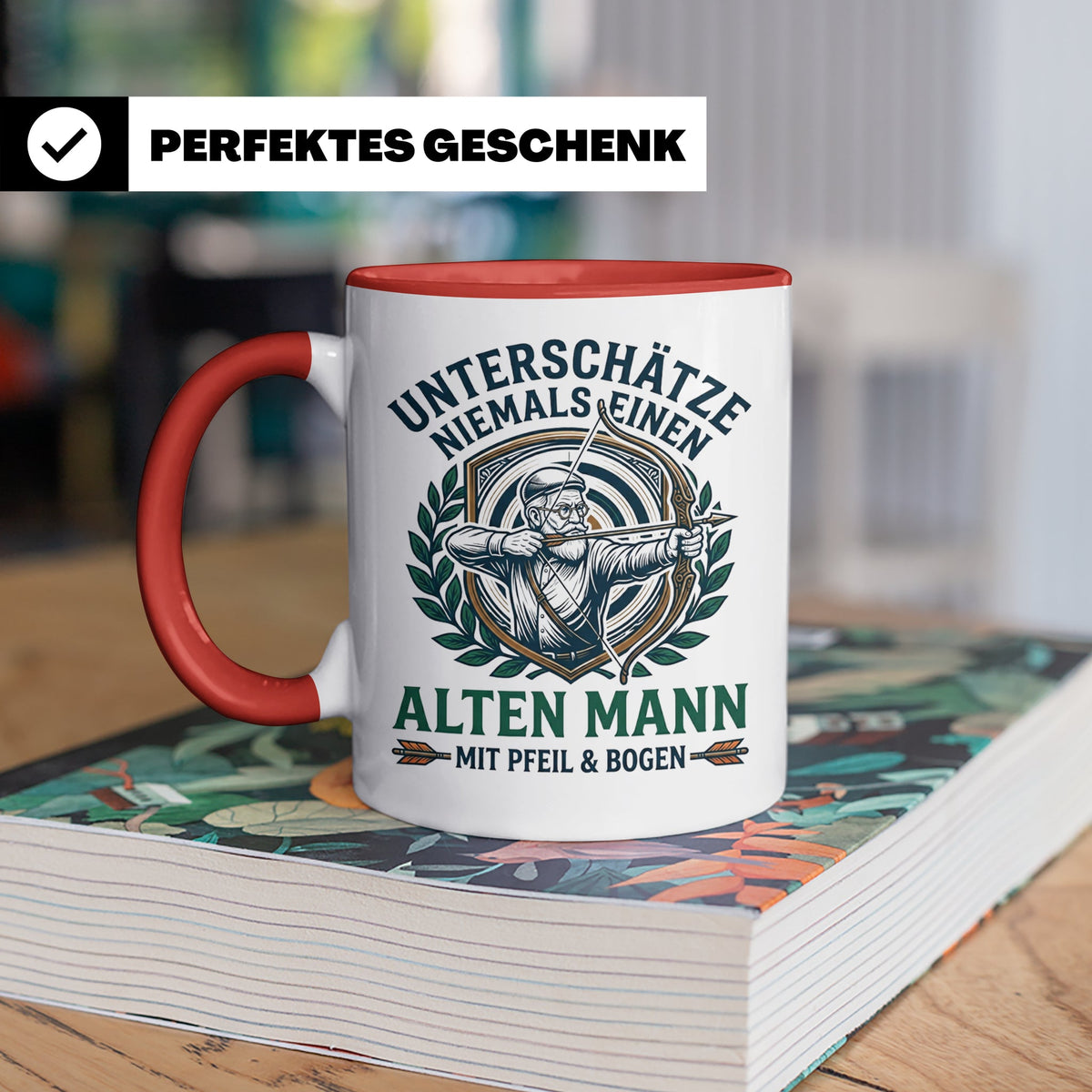 Bogenschütze Tasse Alter Mann mit Pfeil und Bogen Spruch | G – Rot [farbe:rot]