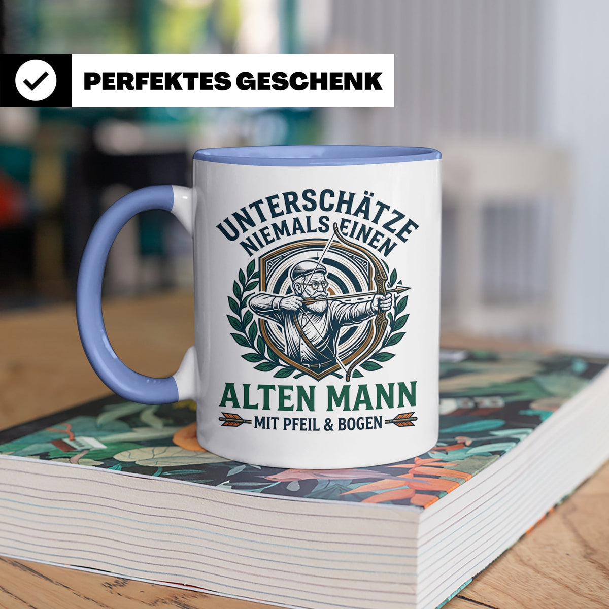 Bogenschütze Tasse Alter Mann mit Pfeil und Bogen Spruch | G – Blau [farbe:blau]
