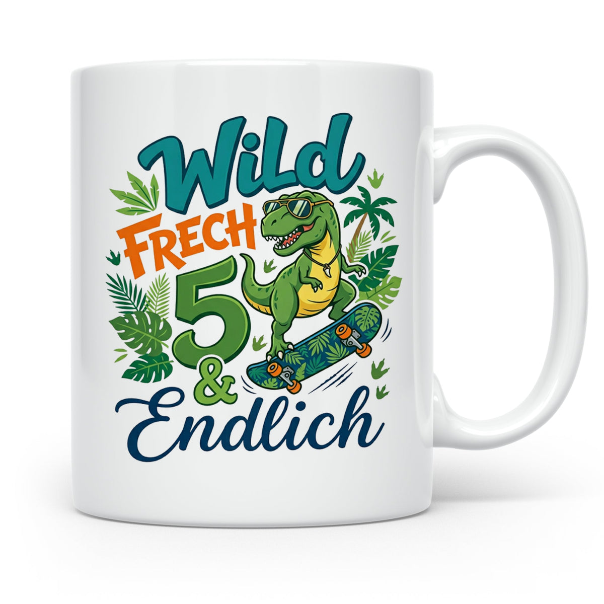 5. Geburtstag Junge Tasse mit Dino Skater Motiv Wild Frech E – Weiß [farbe:weiß]
