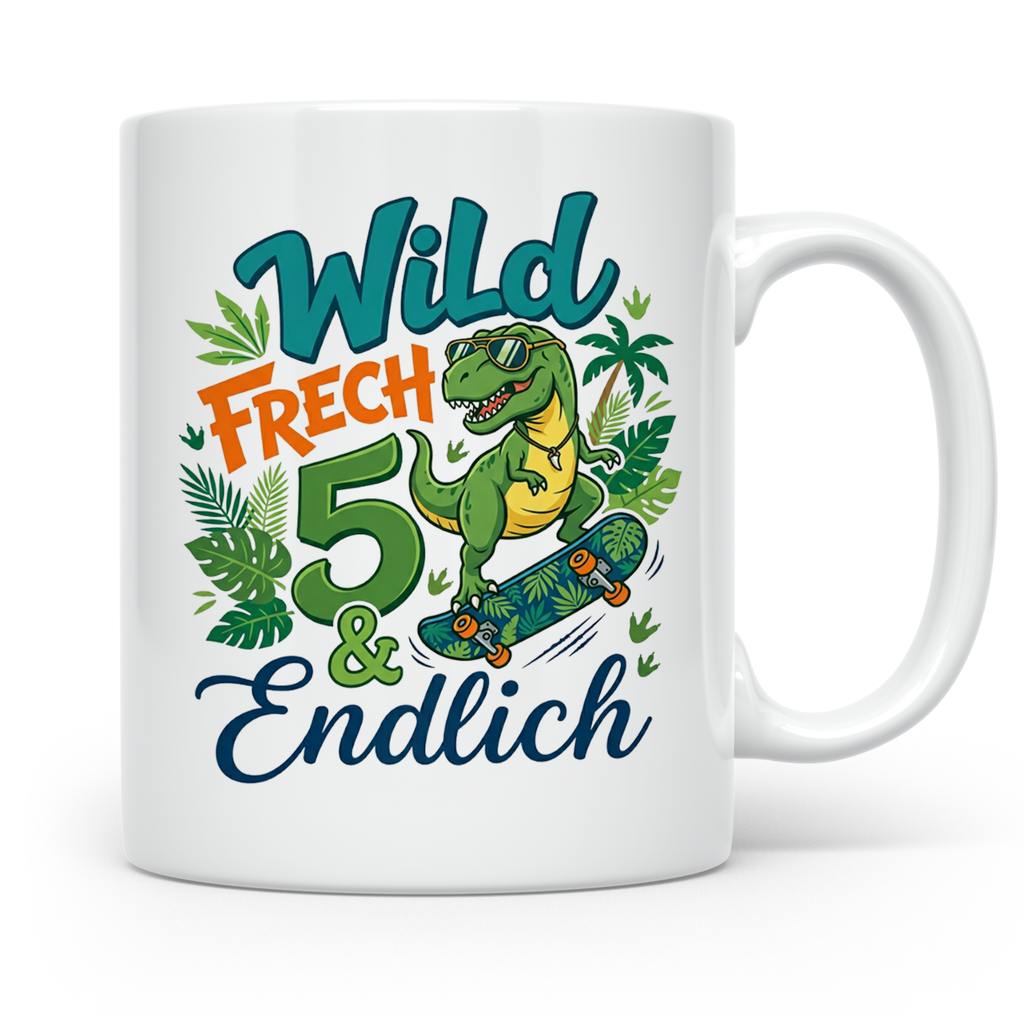 5. Geburtstag Junge Tasse mit Dino Skater Motiv Wild Frech E – Weiß [farbe:weiß]