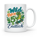 5. Geburtstag Junge Tasse mit Dino Skater Motiv Wild Frech E – Weiß [farbe:weiß]