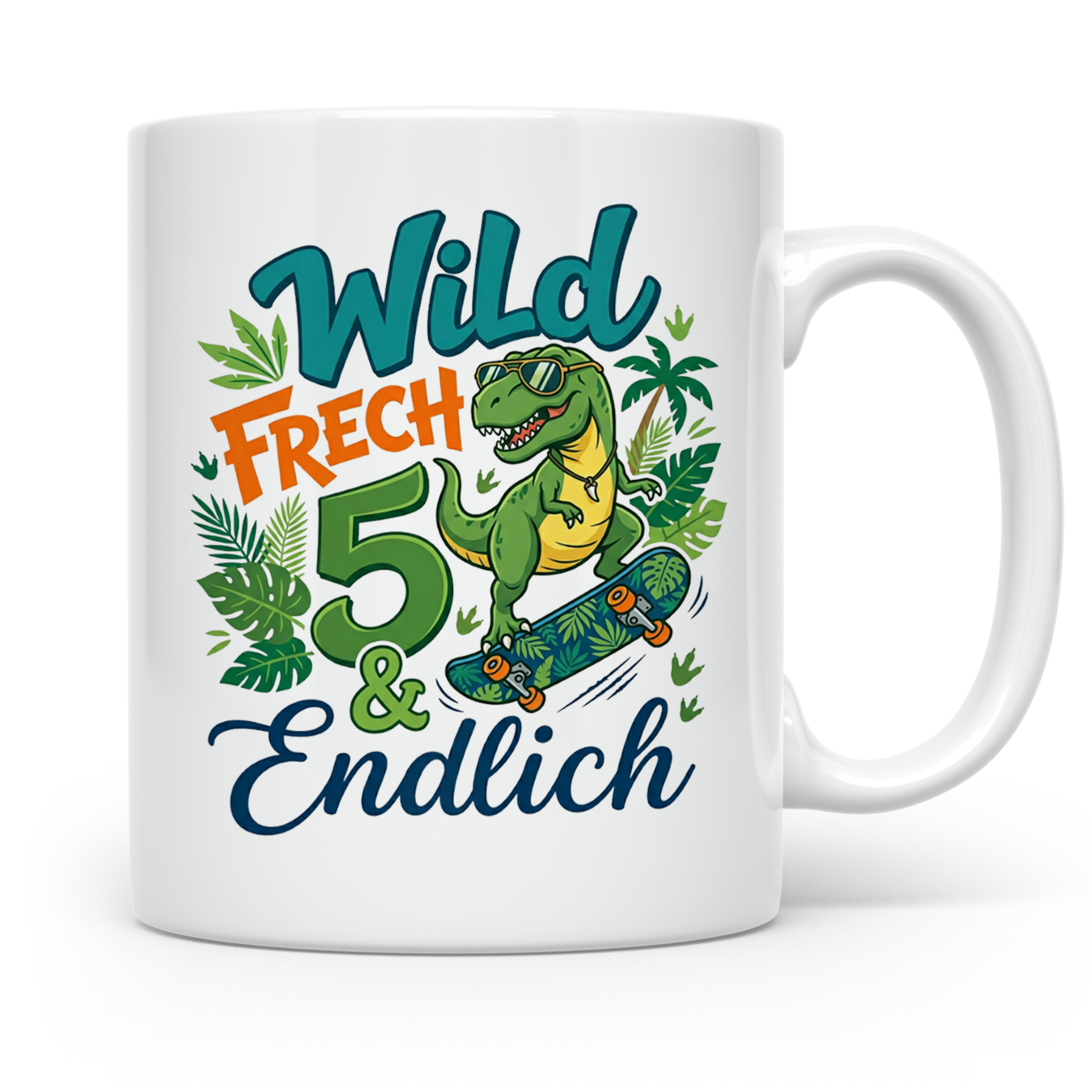 5. Geburtstag Junge Tasse mit Dino Skater Motiv Wild Frech E – Weiß [farbe:weiß]