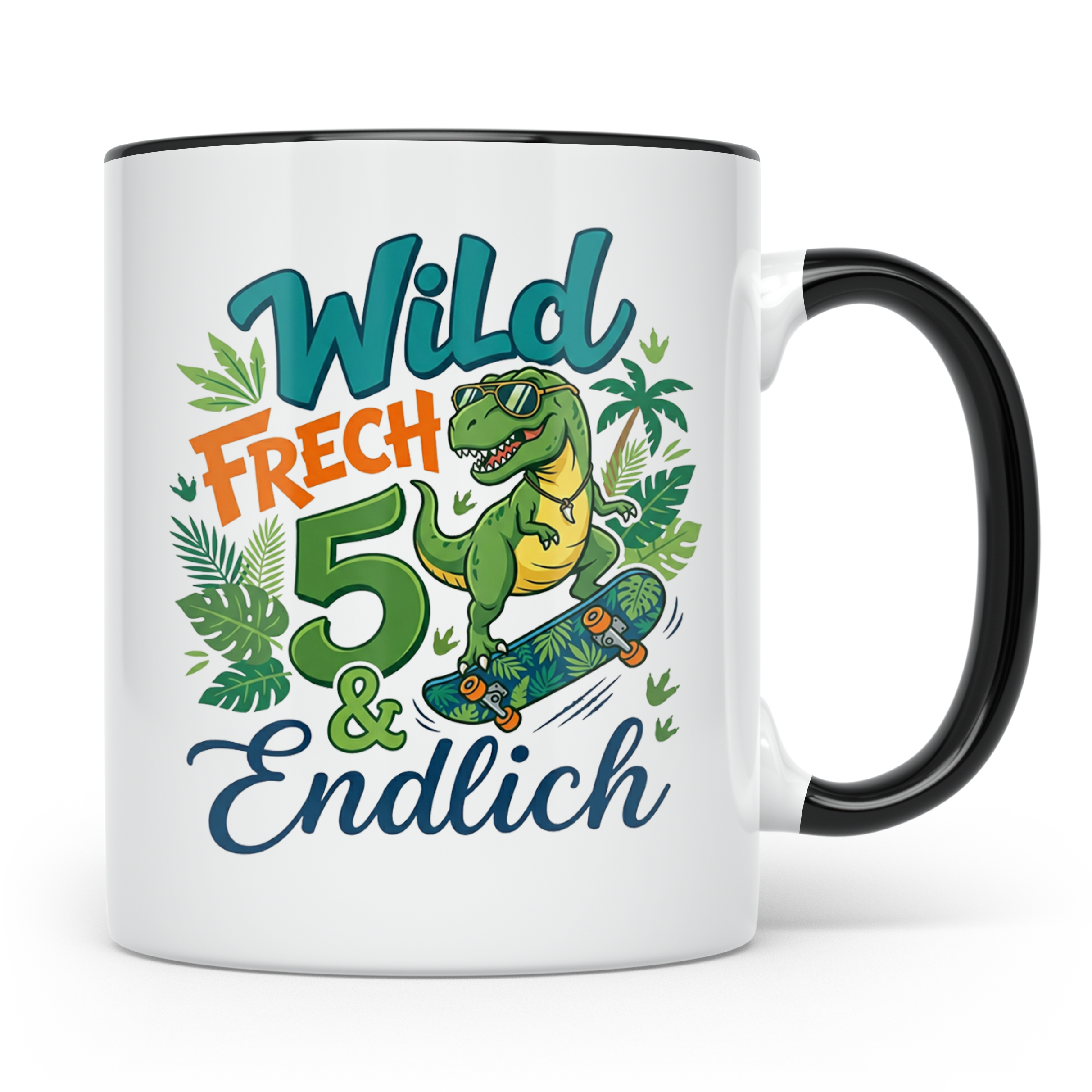 5. Geburtstag Junge Tasse mit Dino Skater Motiv Wild Frech E – Schwarz [farbe:schwarz]