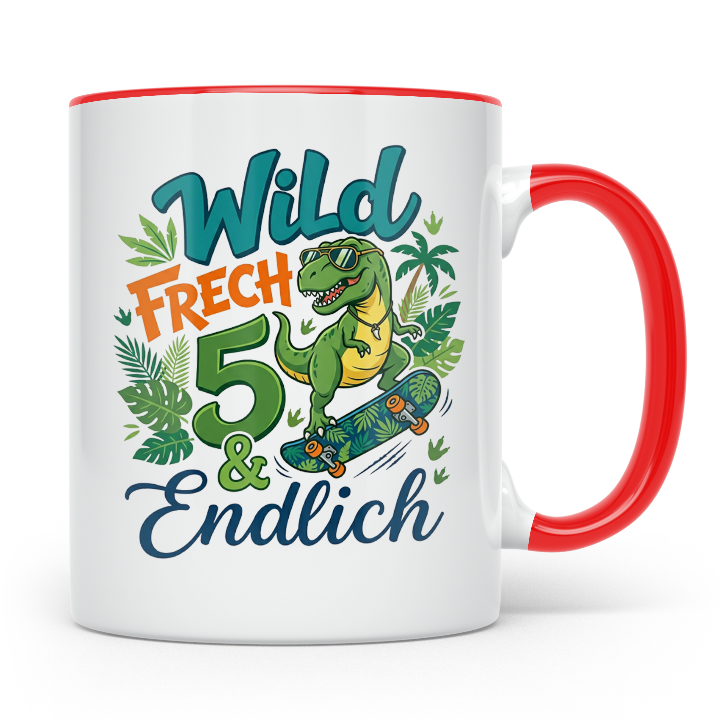 5. Geburtstag Junge Tasse mit Dino Skater Motiv Wild Frech E – Rot [farbe:rot]
