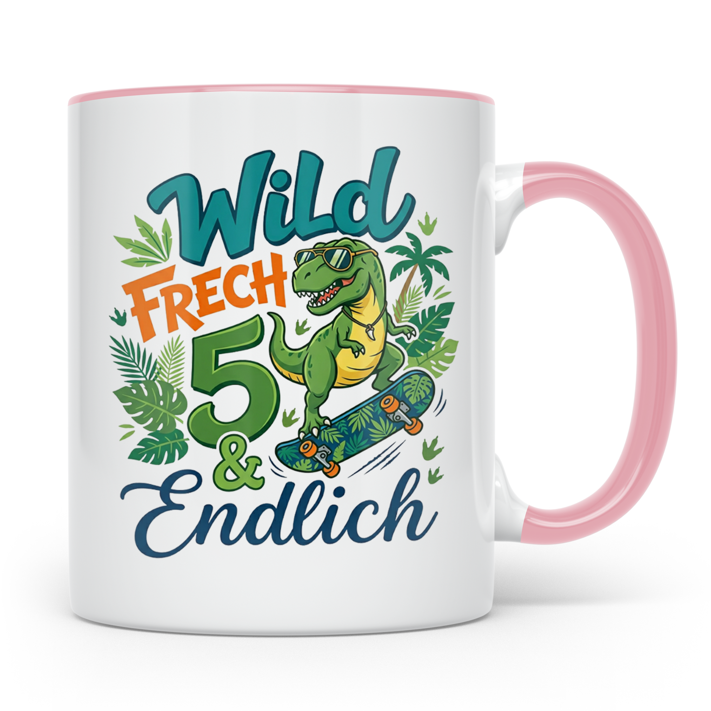 5. Geburtstag Junge Tasse mit Dino Skater Motiv Wild Frech E – Rosa [farbe:rosa]