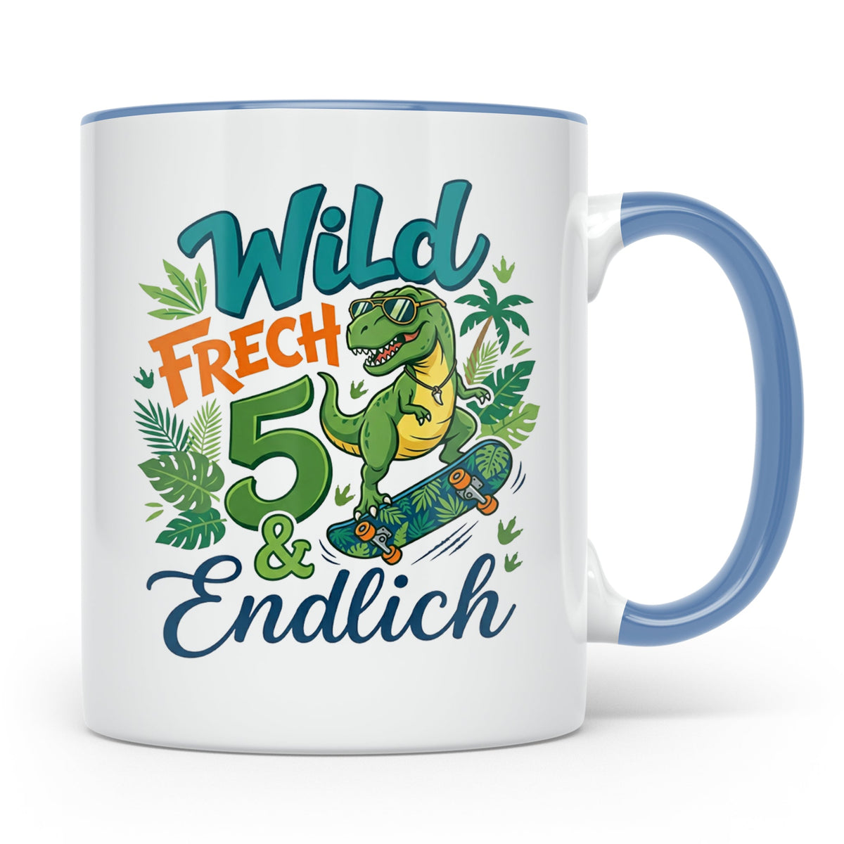 5. Geburtstag Junge Tasse mit Dino Skater Motiv Wild Frech E – Blau [farbe:blau]