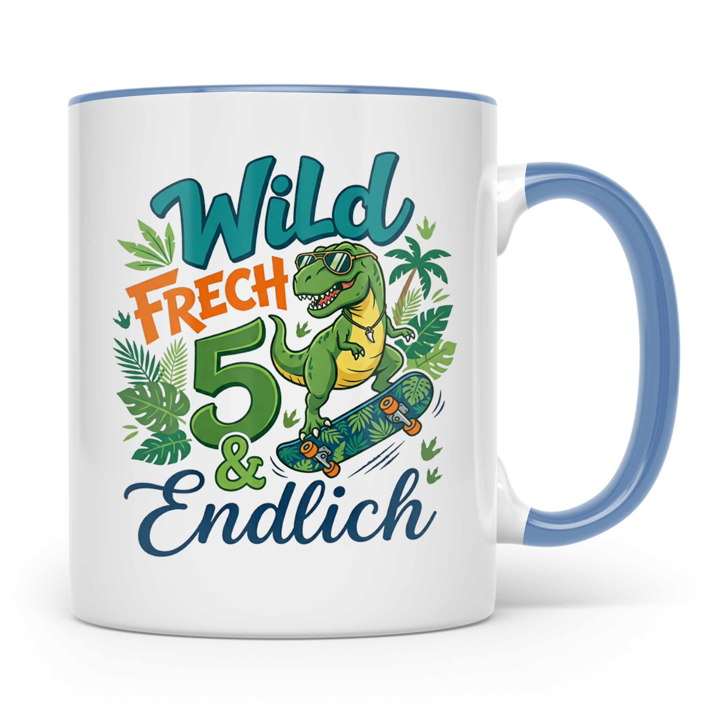 5. Geburtstag Junge Tasse mit Dino Skater Motiv Wild Frech E – Blau [farbe:blau]