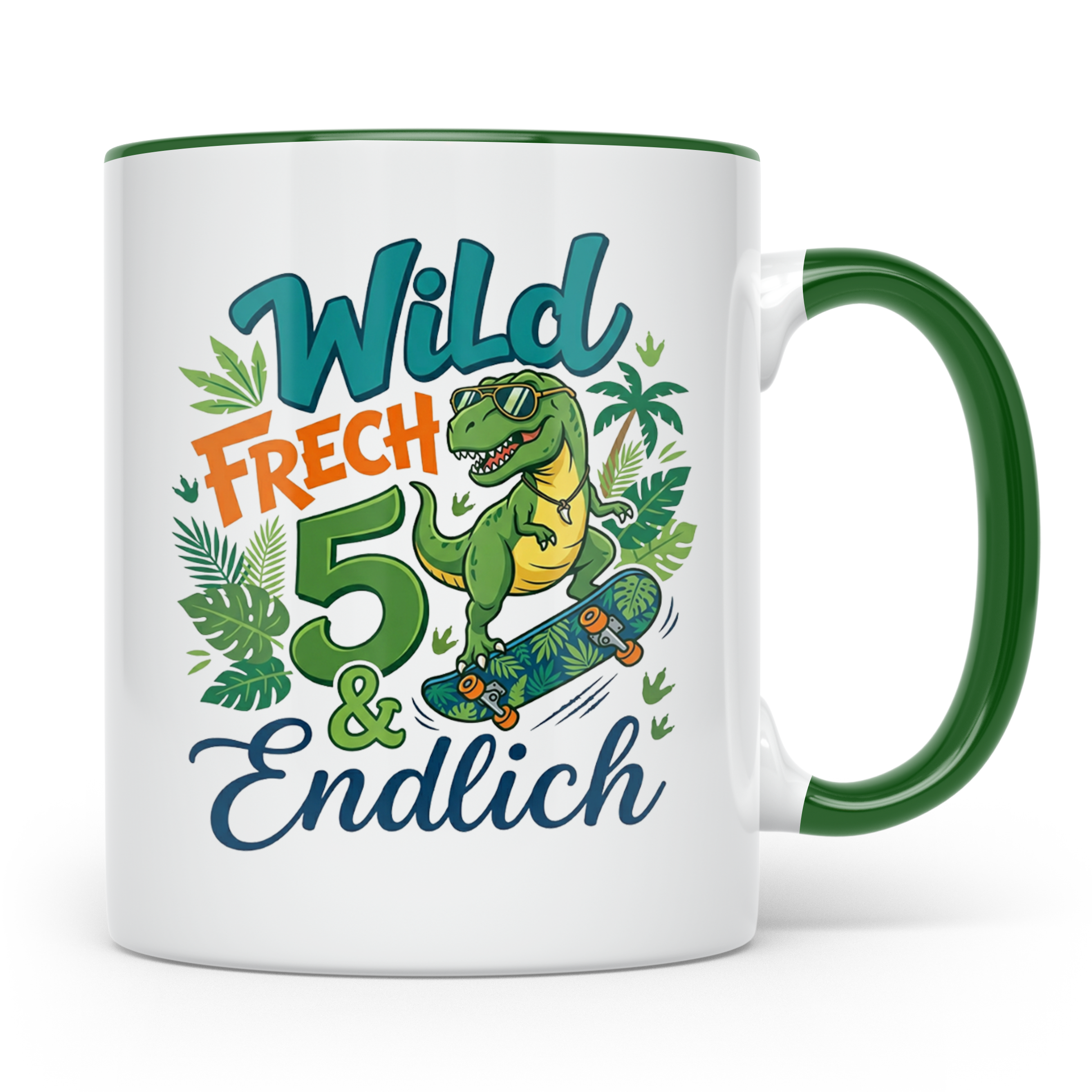 5. Geburtstag Junge Tasse mit Dino Skater Motiv Wild Frech E – Grün [farbe:grün]
