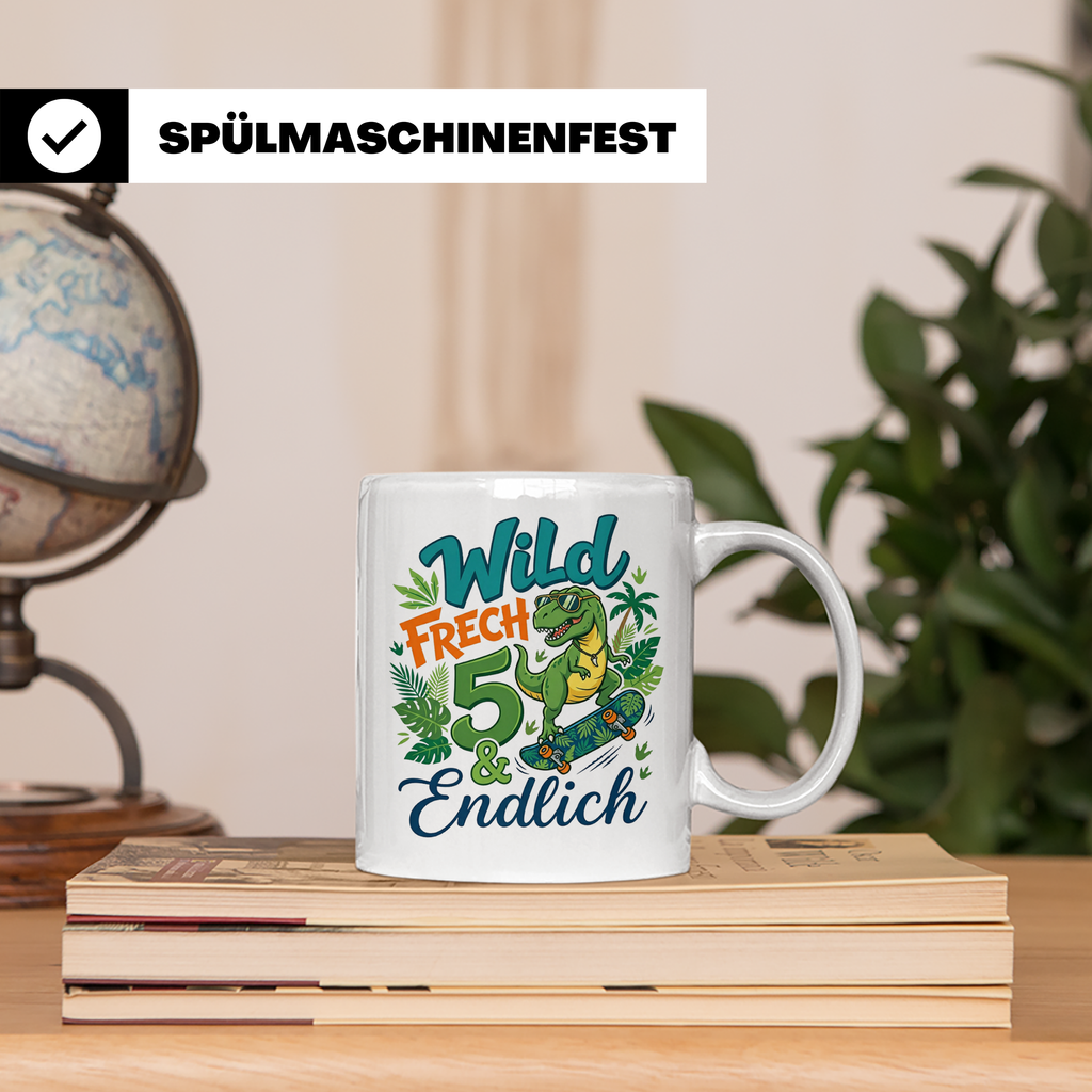 5. Geburtstag Junge Tasse mit Dino Skater Motiv Wild Frech E – Weiß [farbe:weiß]