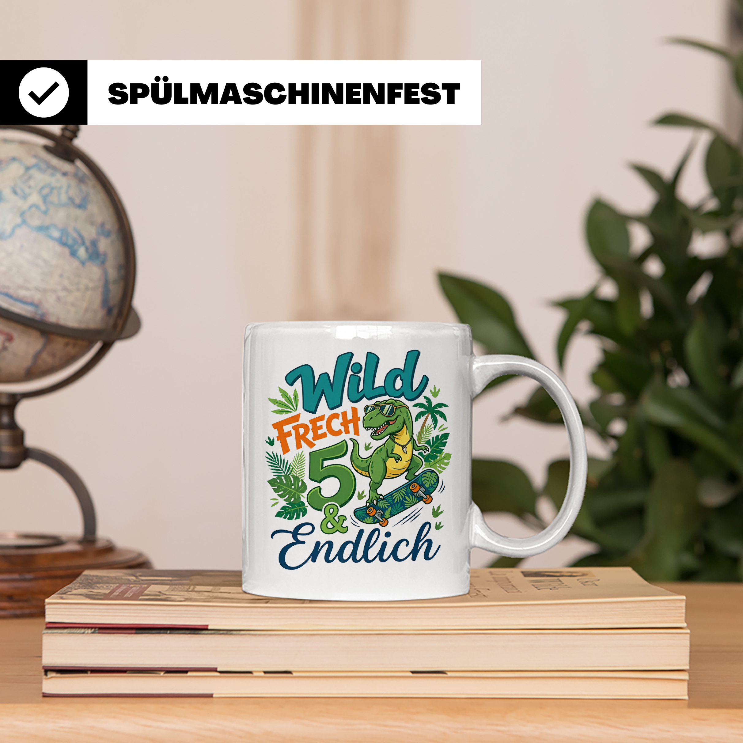 5. Geburtstag Junge Tasse mit Dino Skater Motiv Wild Frech E – Weiß [farbe:weiß]