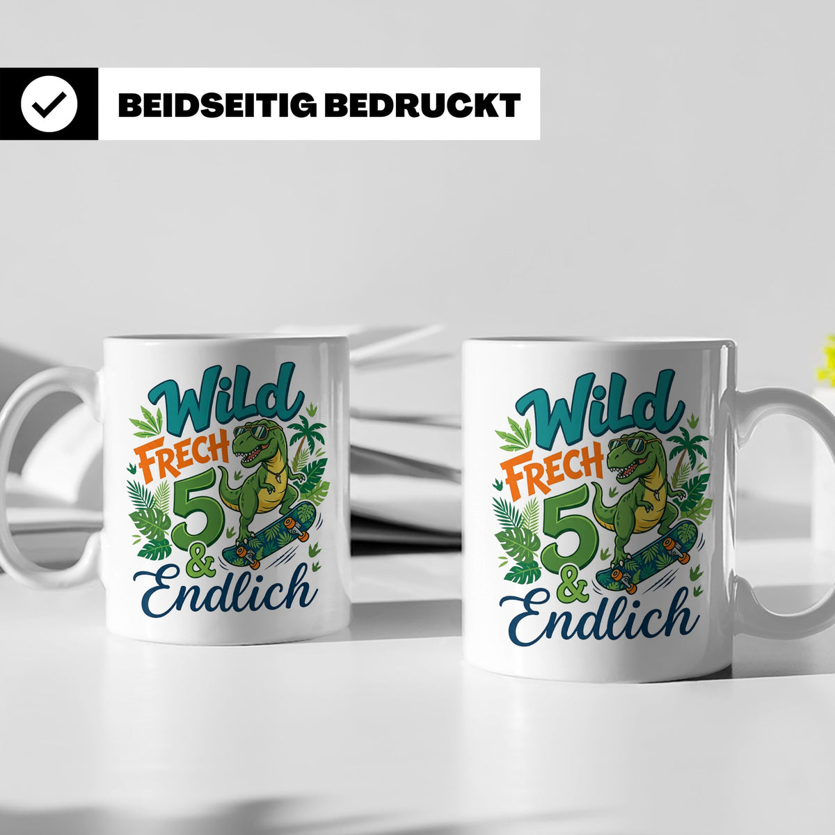 5. Geburtstag Junge Tasse mit Dino Skater Motiv Wild Frech E – Weiß [farbe:weiß]