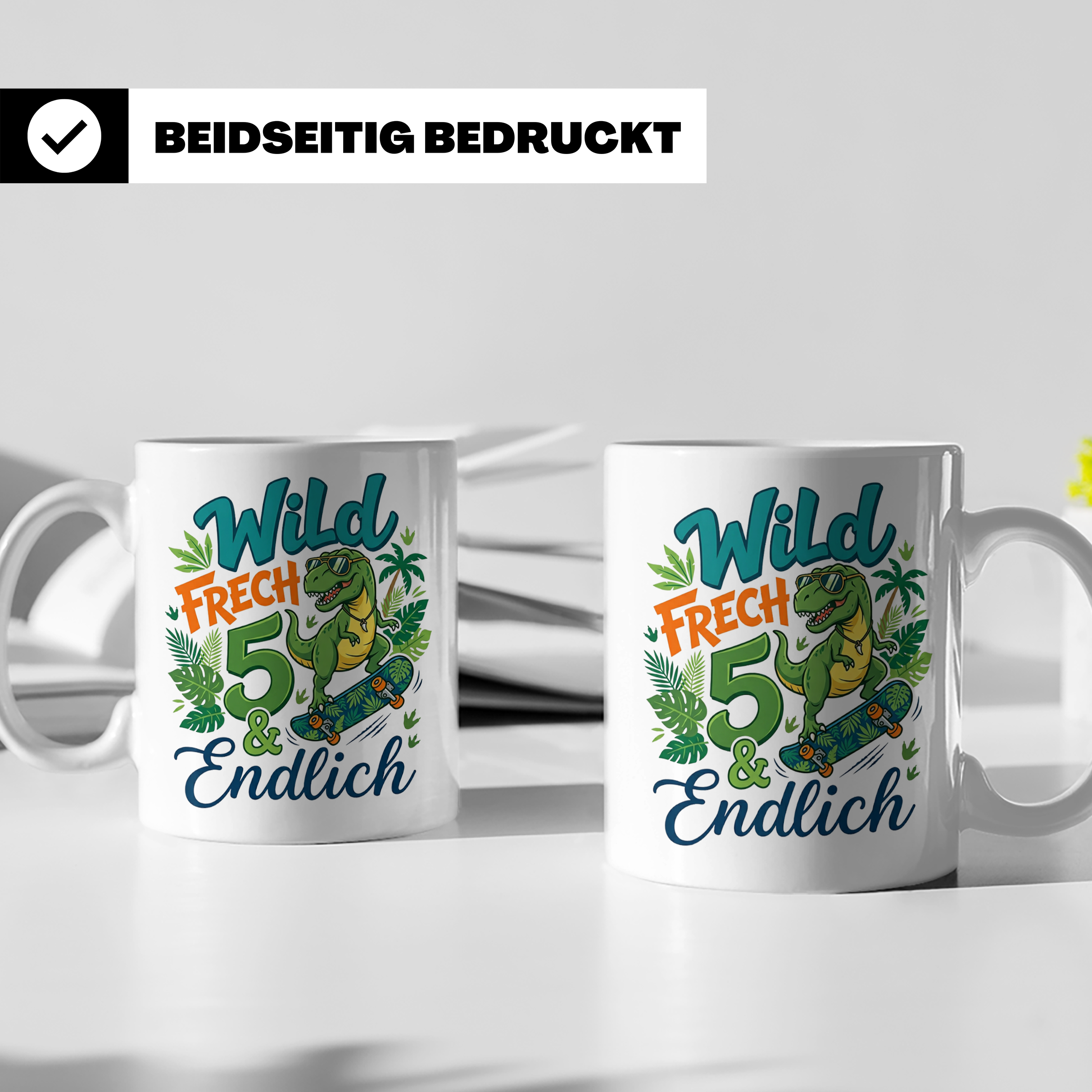 5. Geburtstag Junge Tasse mit Dino Skater Motiv Wild Frech E – Weiß [farbe:weiß]