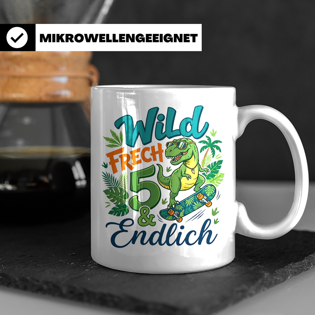 5. Geburtstag Junge Tasse mit Dino Skater Motiv Wild Frech E – Weiß [farbe:weiß]