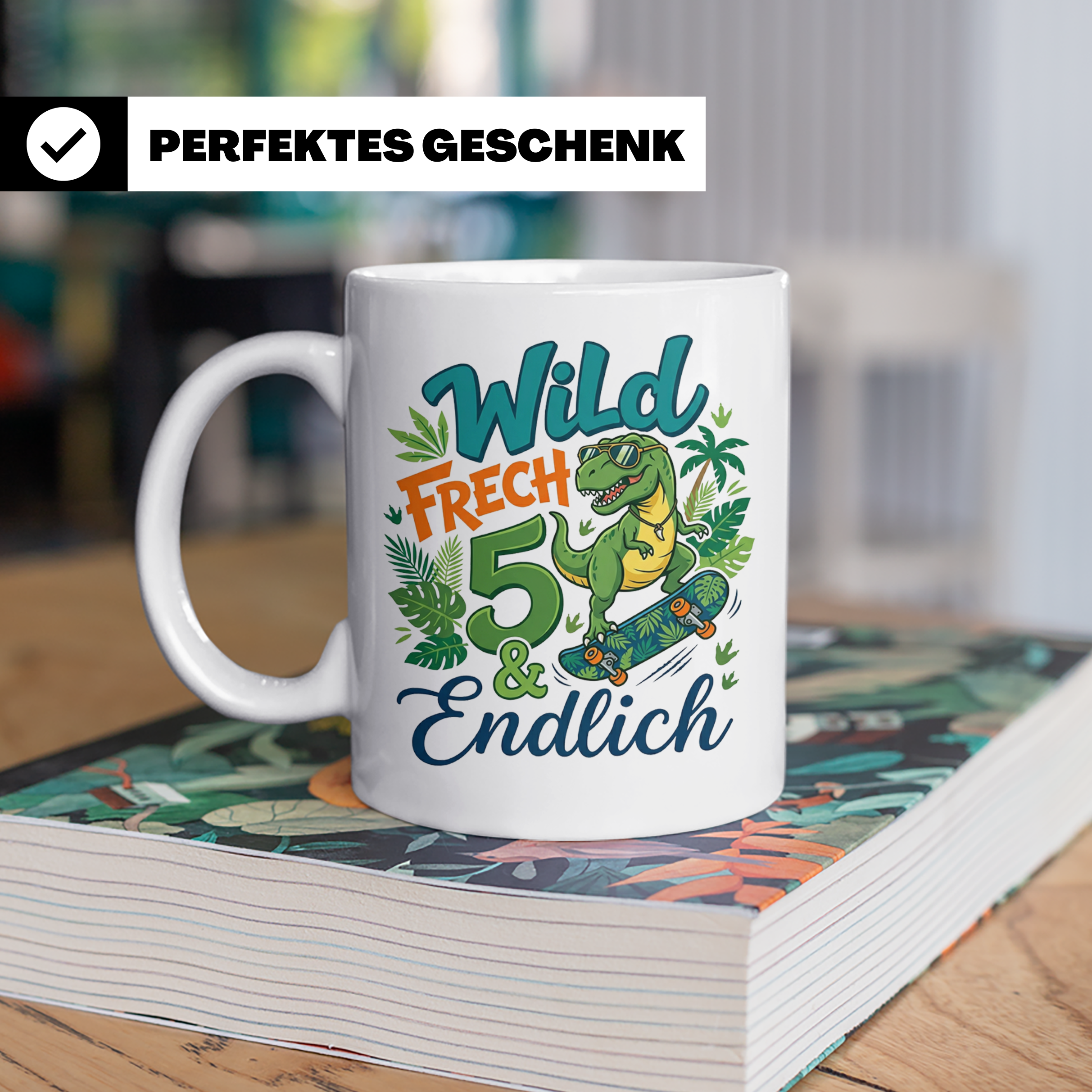 5. Geburtstag Junge Tasse mit Dino Skater Motiv Wild Frech E – Weiß [farbe:weiß]