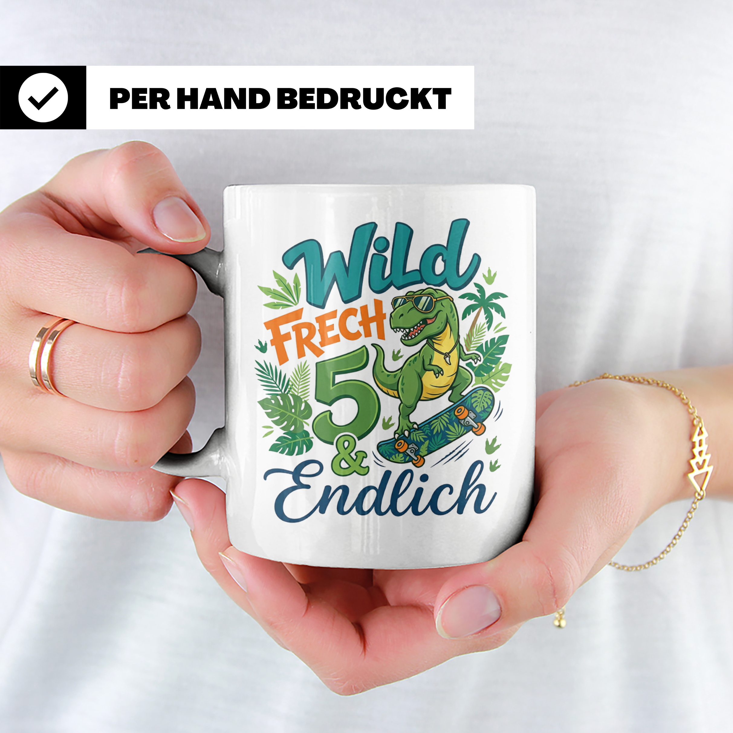 5. Geburtstag Junge Tasse mit Dino Skater Motiv Wild Frech E – Weiß [farbe:weiß]