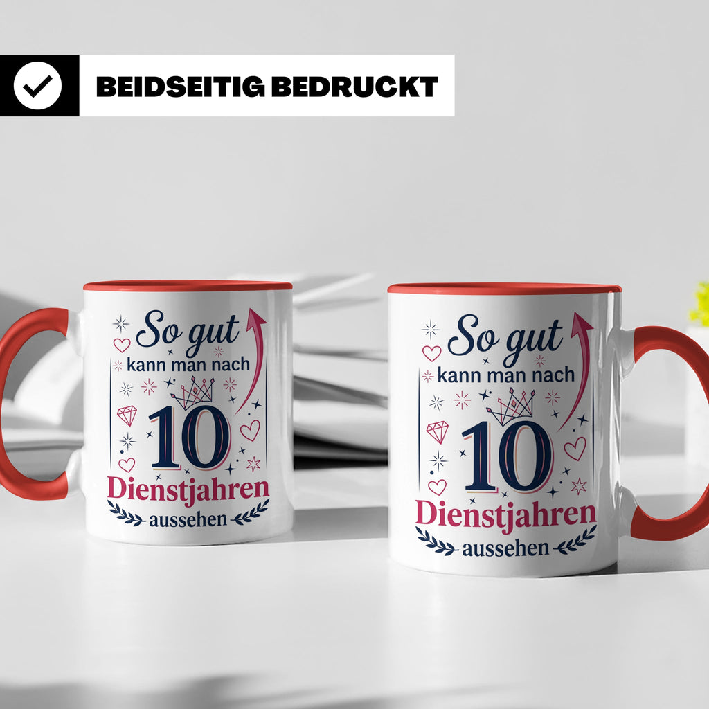 10 Jahre Dienstjubiläum Tasse für Kollegin, Geschenk zum 10  – Rot [farbe:rot]