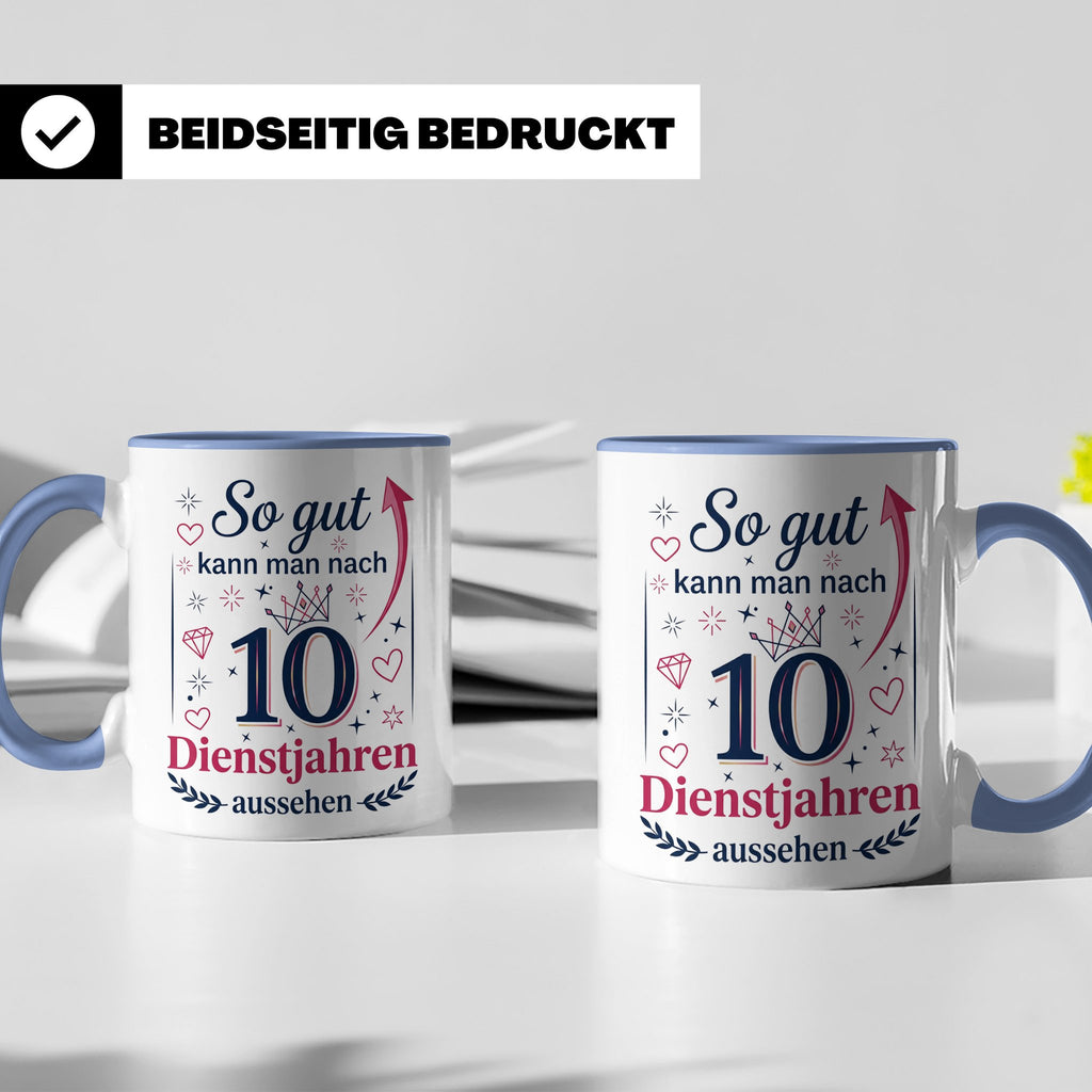 10 Jahre Dienstjubiläum Tasse für Kollegin, Geschenk zum 10  – Blau [farbe:blau]