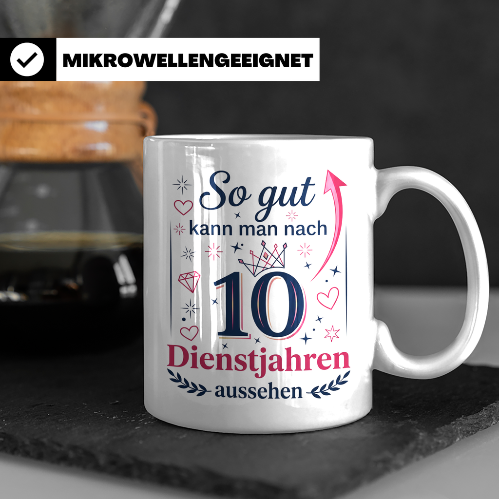 10 Jahre Dienstjubiläum Tasse für Kollegin, Geschenk zum 10  – Weiß [farbe:weiß]