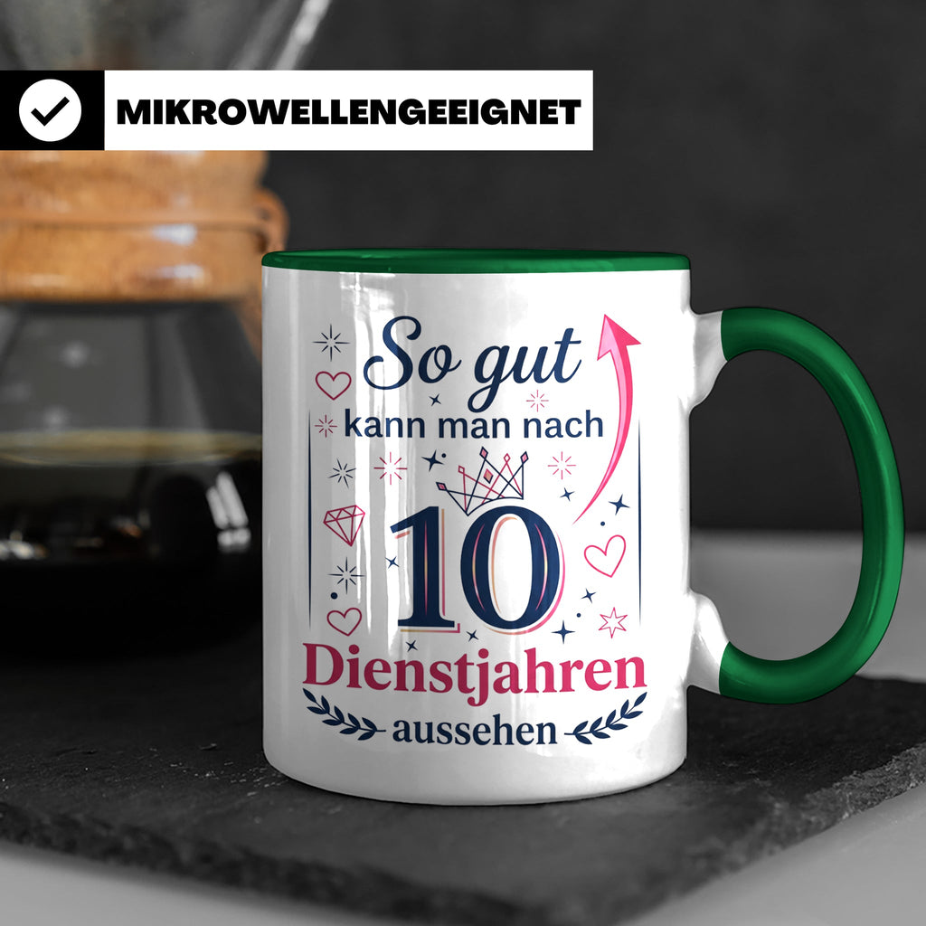 10 Jahre Dienstjubiläum Tasse für Kollegin, Geschenk zum 10  – Grün [farbe:grün]